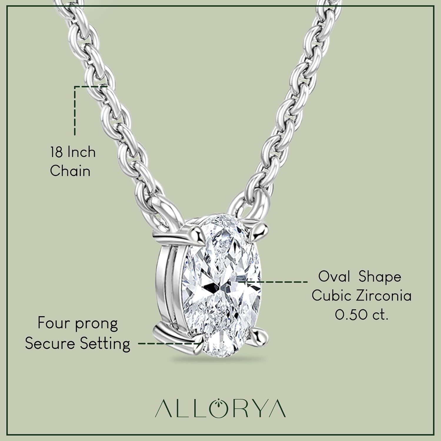 0.50 Carat Oval Lab Grown White Diamond or Cubic Zirconia 4 Prong Solitaire Pendant with 18 inch Silver Chain for Women in 925 Sterling Silver - Image 3