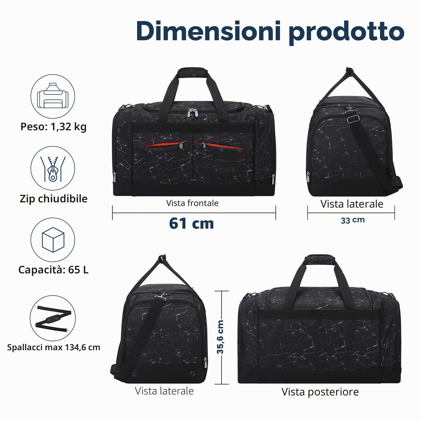 Grande borsa da palestra da uomo, grande borsone con fondo rigido con scomparto per scarpe per sport/viaggi, Marmo, borsa grande