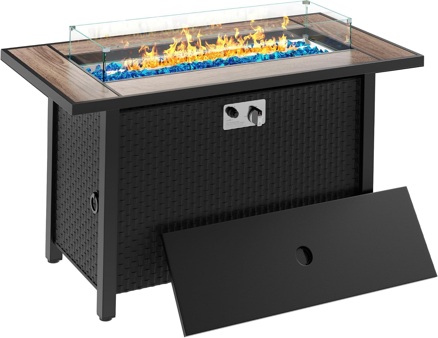 Meilocar 45in Fire Table, Propane Fire Pit with Glass Wind Guard and Rain Cover, Outdoor Firepit Table 50000 BTU 3-in-1 Fire Table for Patio/Yard/Balcony, Gray Tabletop