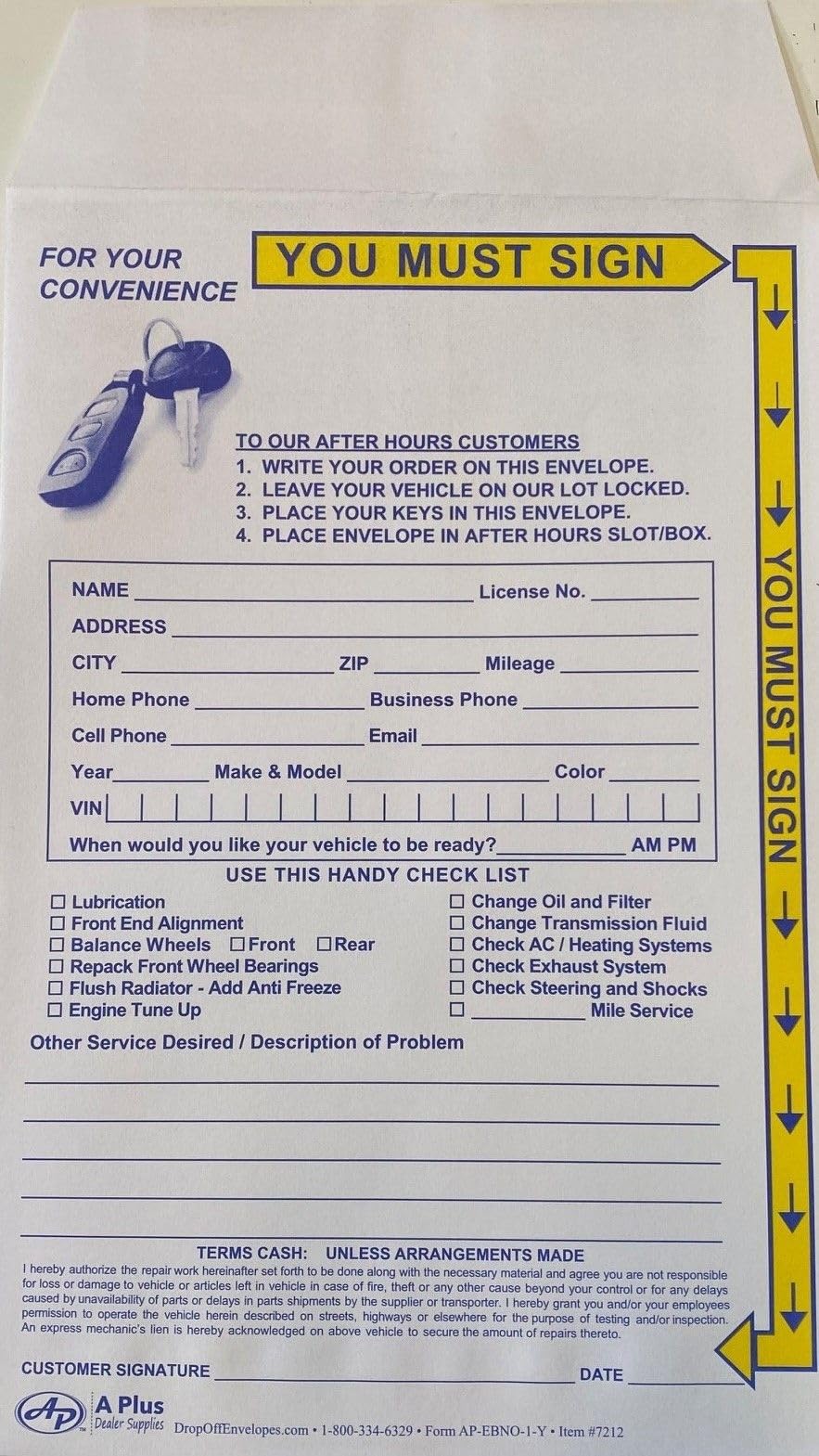 A Plus Dealer Supplies Vehicle Key Drop Off Envelopes After Hours - Yellow Highlights - AP-EBNO-1-Y 500 Quantity (W1*)