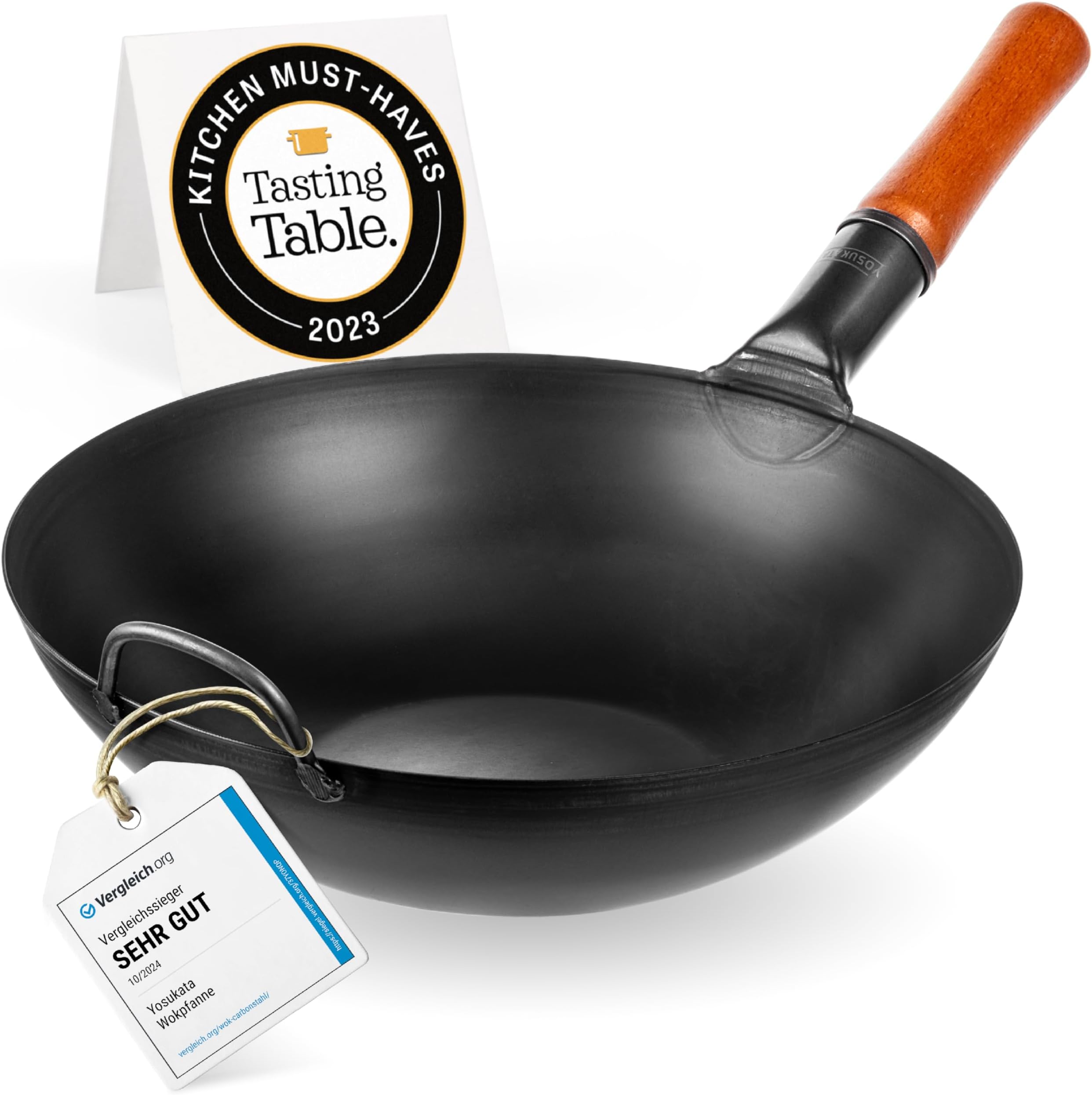 YOSUKATA 13.5" Pre-Seasoned Flat Bottom Black Carbon Steel Wok for Stir Fry