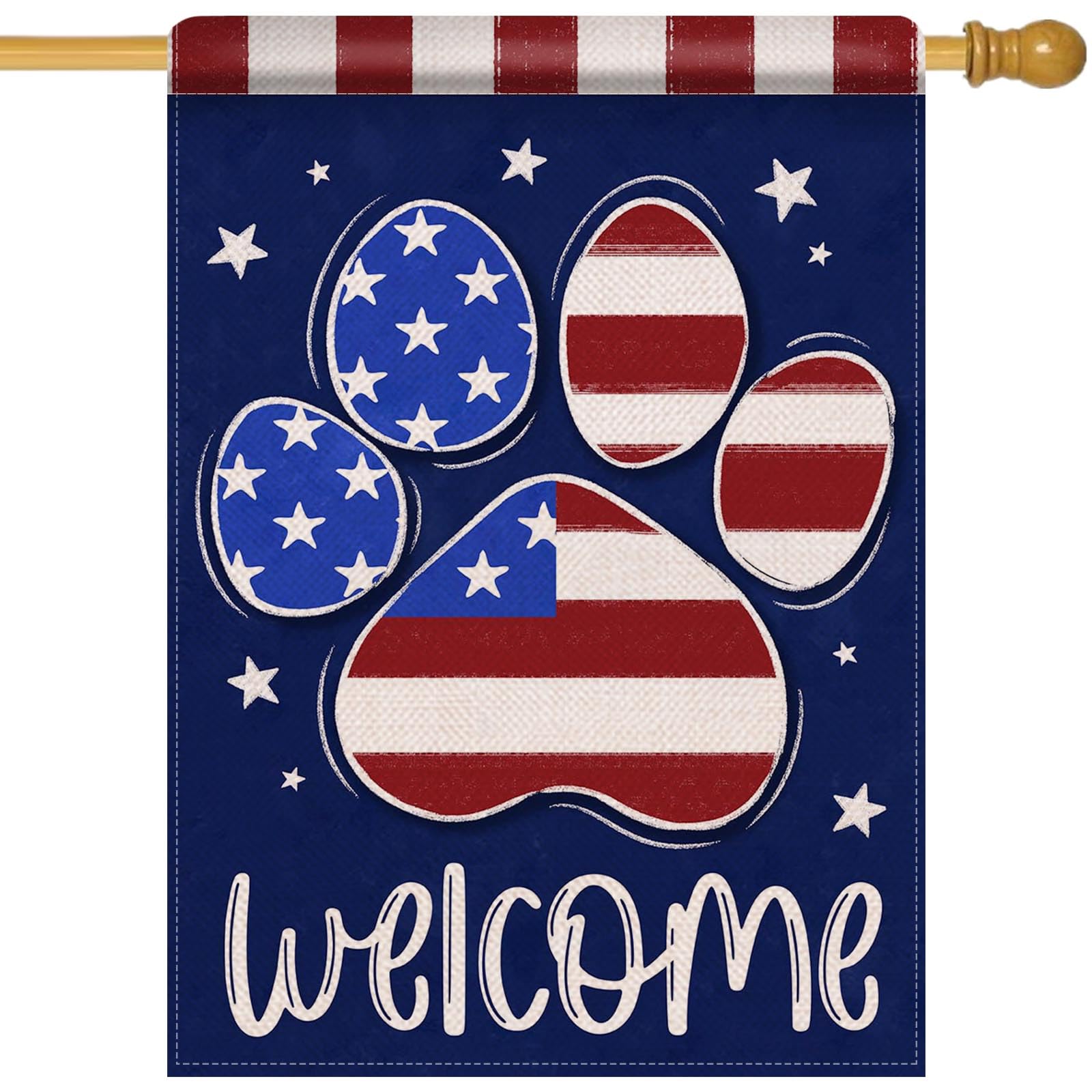 Welcome 4th of July Dog Cat Paw Print Patriotic Large Decorative House Flag, America USA Stars Stripes Dark Blue Yard Garden Outside Decor, American Outdoor Home Decoration Double Sided 28x40