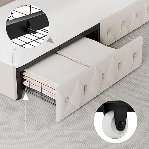 Miniatura 5 de Keyluv King Upholstered LED Bed Frame with 4 Drawers, Velvet Platform Storage Bed with Adjustable Button Tufted Headboard and Solid Wooden Slats