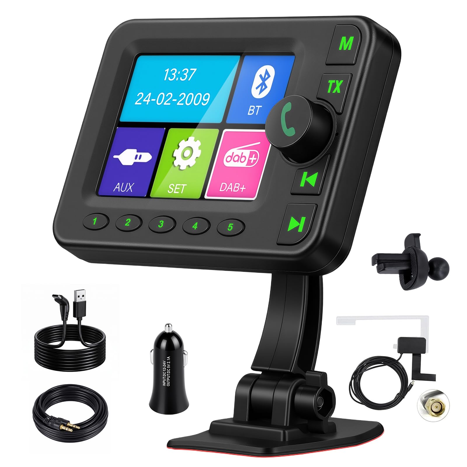 Inefala Dab+ Adattatore per Autoradio Display LCD Colorato da 2,8 Pollici con Vivavoce Bluetooth, Trasmettitore Dab, Trasmettitore FM, AUX in/out, TF Card Music Play, Caricatore da Auto