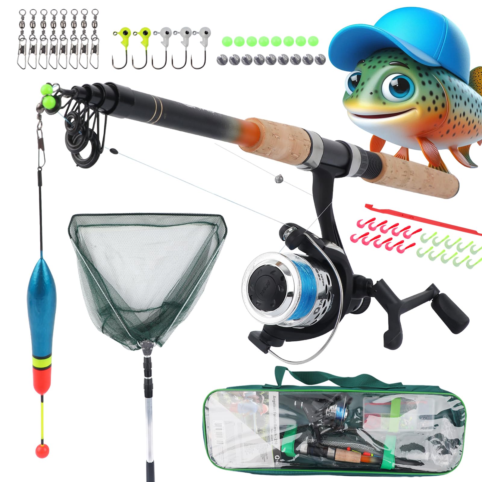 Angelset Forelle/Barsch mit Kescher [Angelfertig montiert & Angelrolle bespult] Angelset komplett für Gelegenheitsangler & Anfänger, Angel Set für Forellen Angeln, Forellenrute
