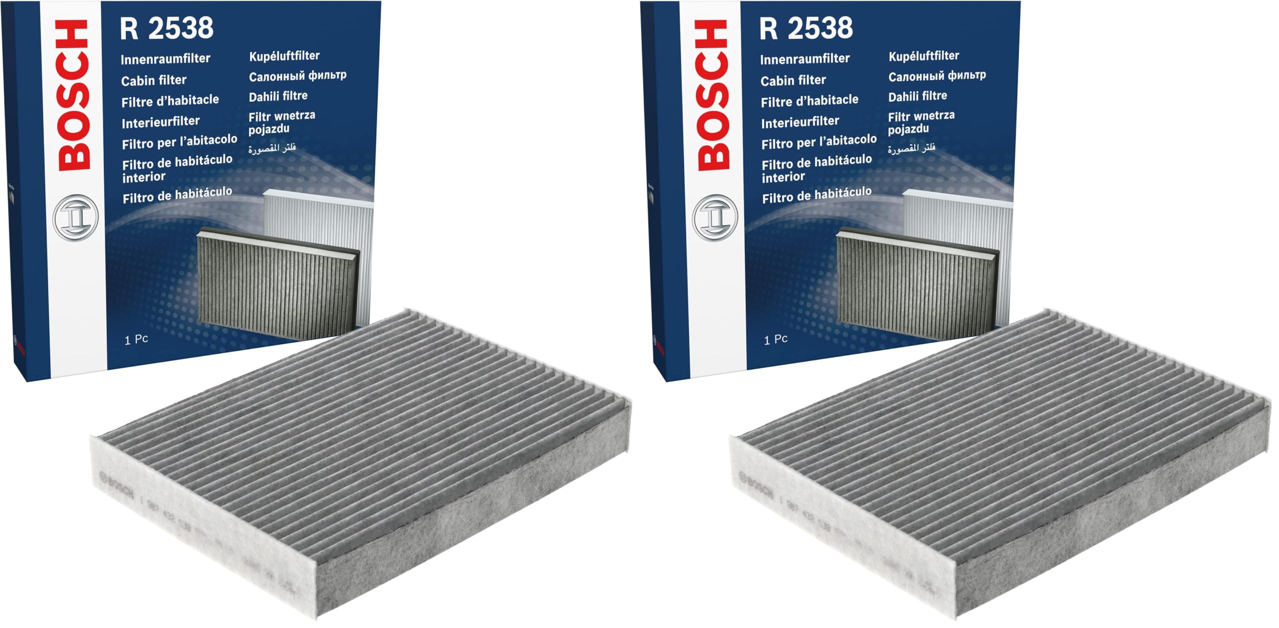 Bosch Filtro Abitacolo ai Carboni Attivi R2538, Filtro di Ricambio - Contro cattivi odori, polline e polvere per un'aria più pulita all'interno del veicolo (Confezione da 2)
