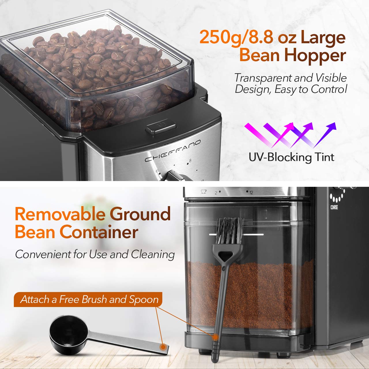 Conical Burr Coffee Grinder, CHEFFANO Electric Coffee Bean Grinder