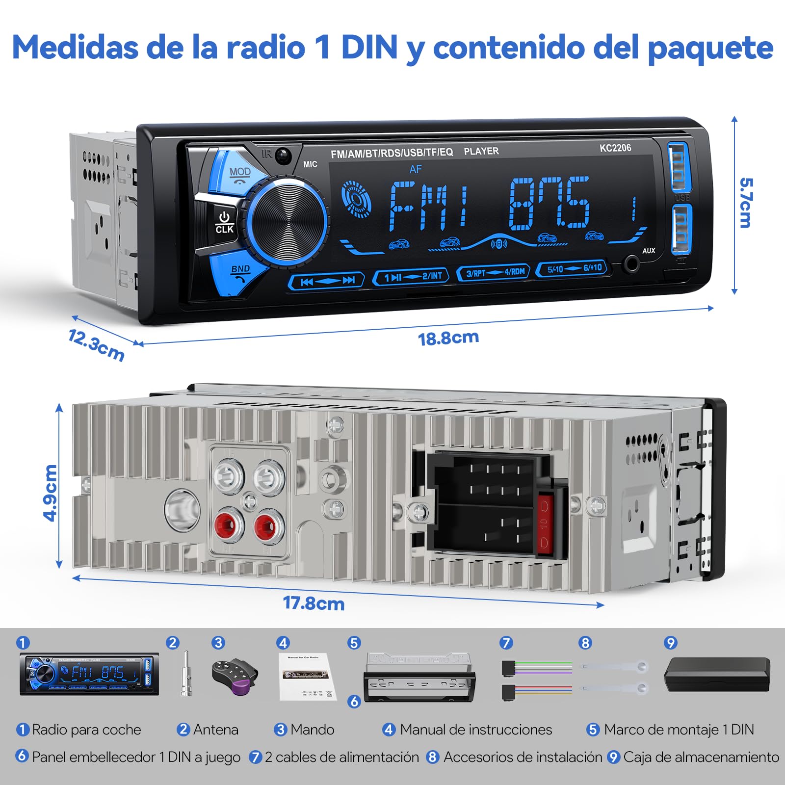 Radio Coche Bluetooth Extraible, Wistrue RDS Autoradio Bluetooth 5.0,FM/Am 1DIN Autoradio Stéreo Soporta MP3/2USB Carga rápida/AUX/SD Compatible con Android y iOS