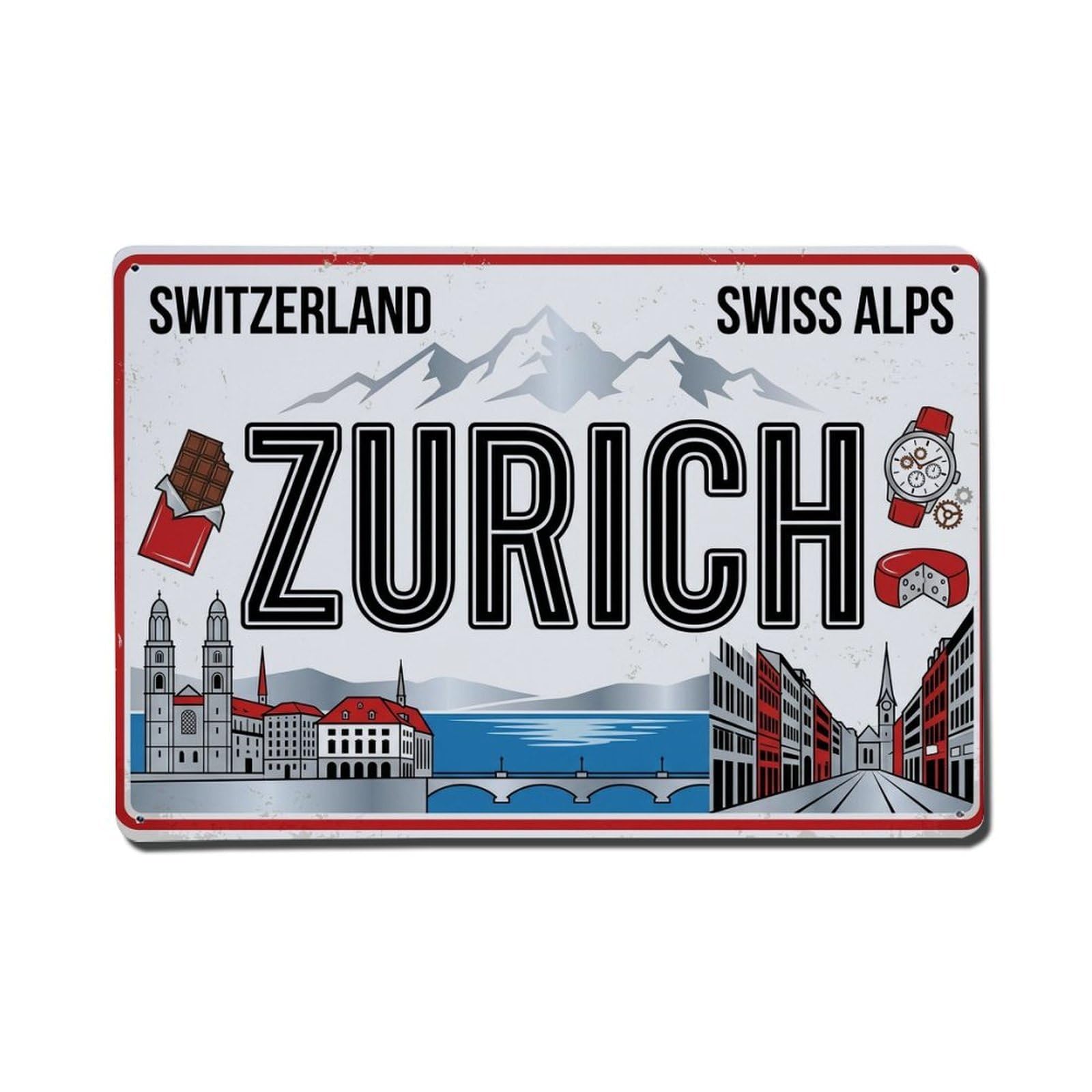 Xanthor Style Vintage Travel Zurich Switzerland Alps Chocolate Metal Tin Sign