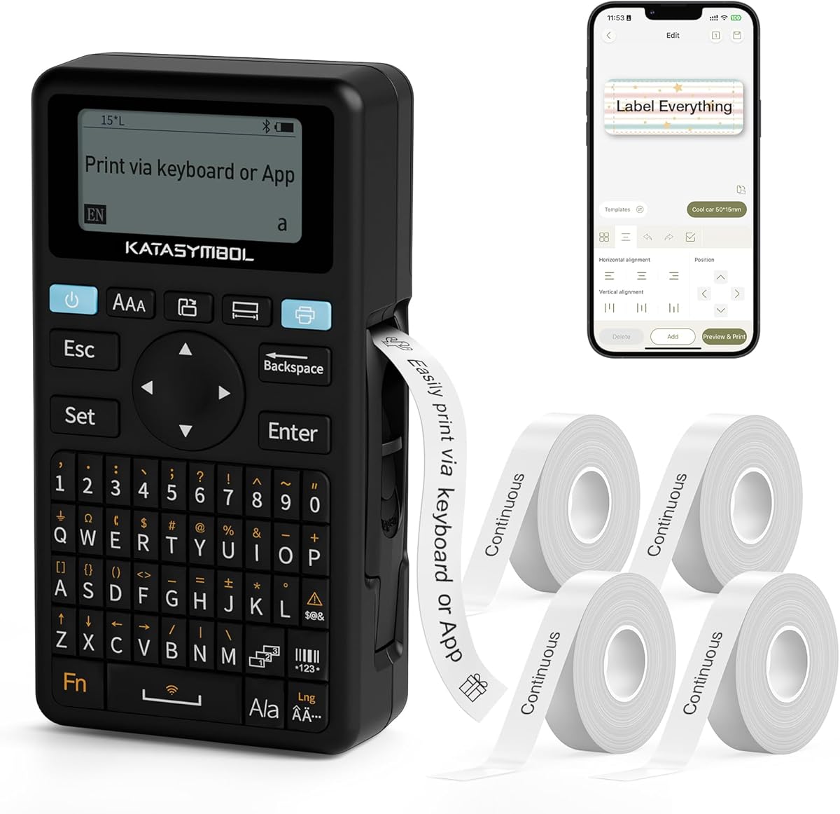 SUPVAN E11 Bluetooth Label Maker Machine with 4 Tapes, Support Keyboard & App with 40 Fonts and 650+ Icons, Rechargeable Inkless Labeler for Home, Kitchen, Office, School, Organization, Black