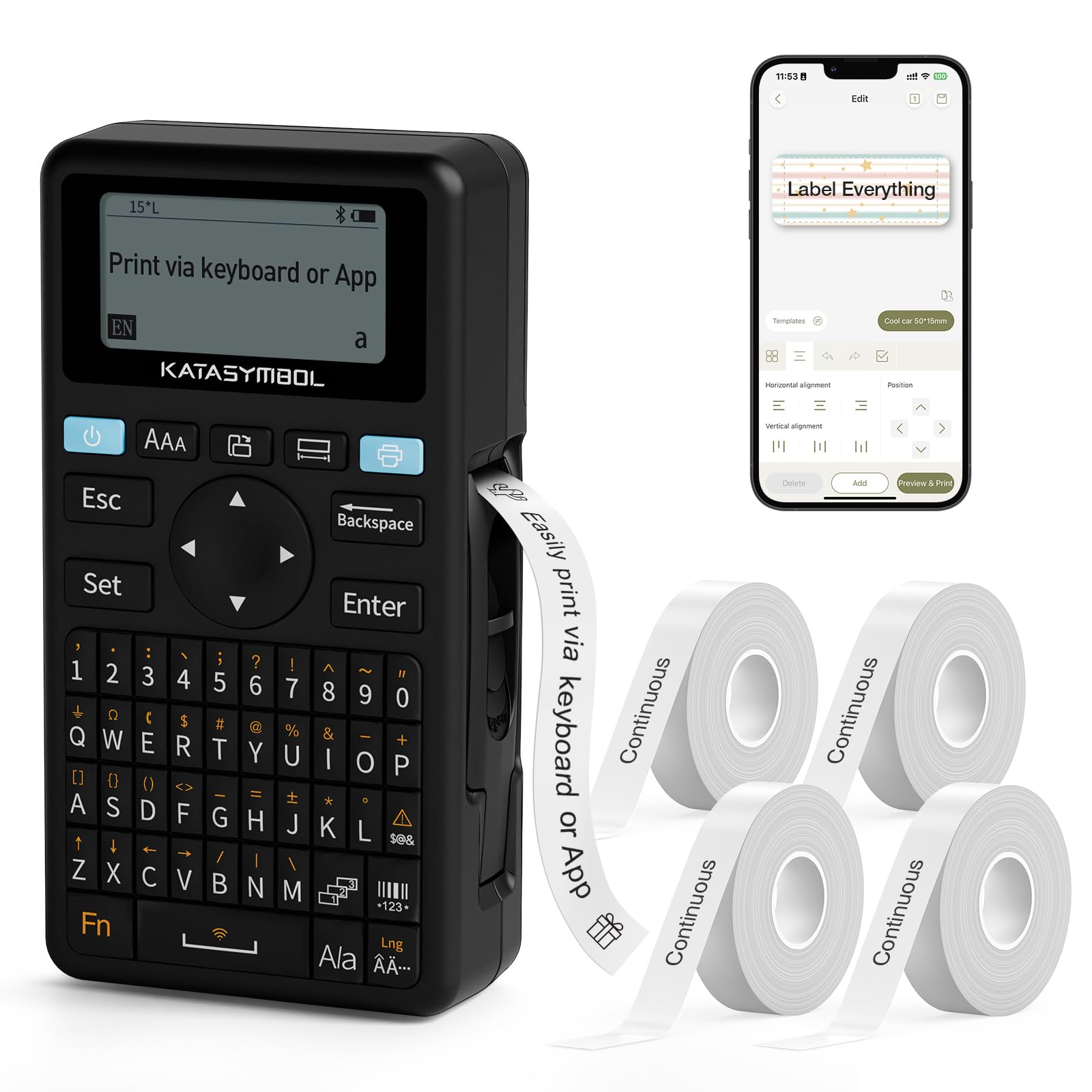 SUPVAN E11 Bluetooth Label Maker Machine with 4 Tapes Support Keyboard App with 40 Fonts and 650 Icons