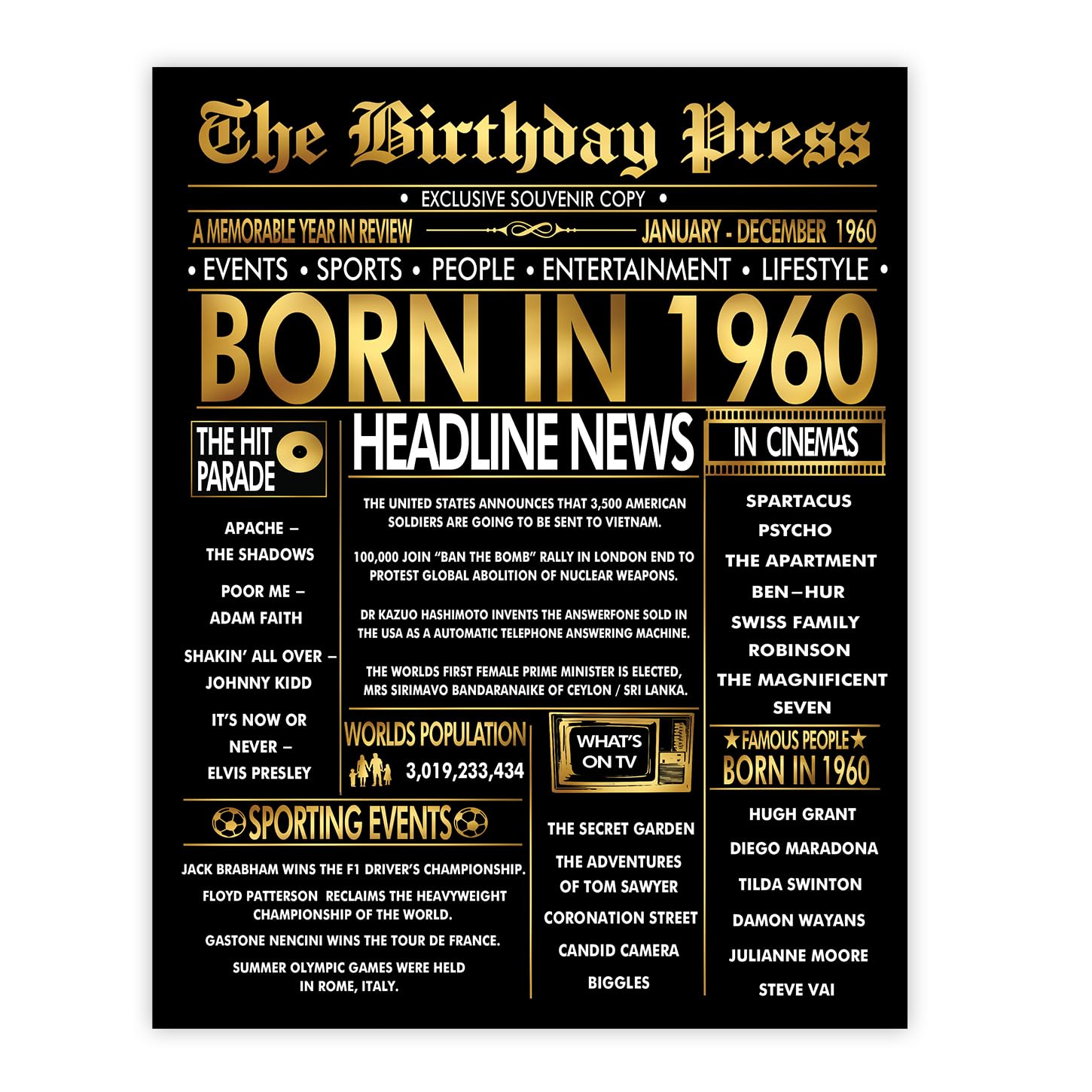 Stuff4 Gold 66th Birthday Poster Unframed - Golden Born In 1960 Newspaper - Happy 66 Birthday for Men Women Retro Vintage Gifts Back In 1960, 8x10 Inch Bday Party Decor Decoration