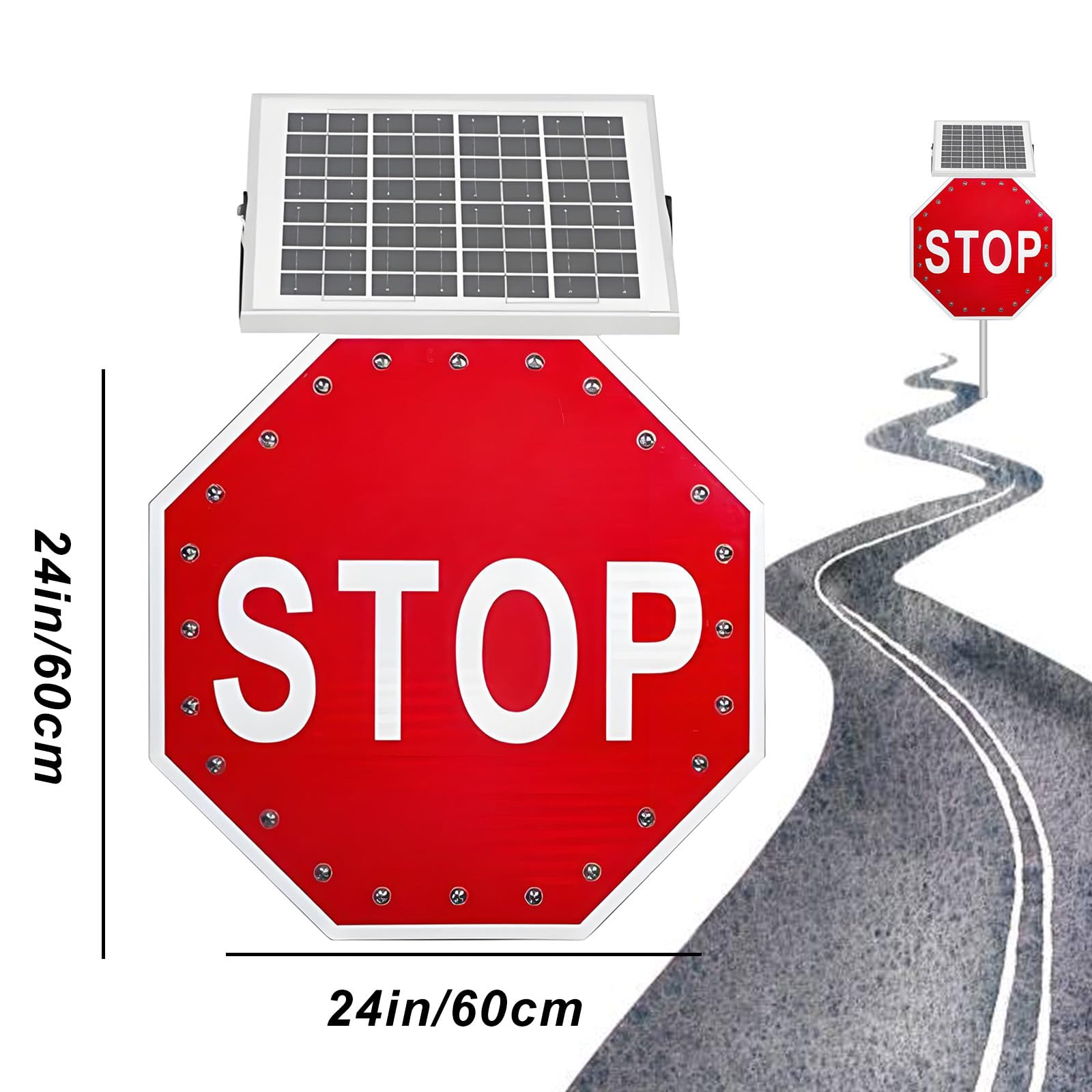 Señal de detención, octágono resistente, funciona con energía solar, señal de advertencia de tráfico callejero, 2 x 24 pulgadas