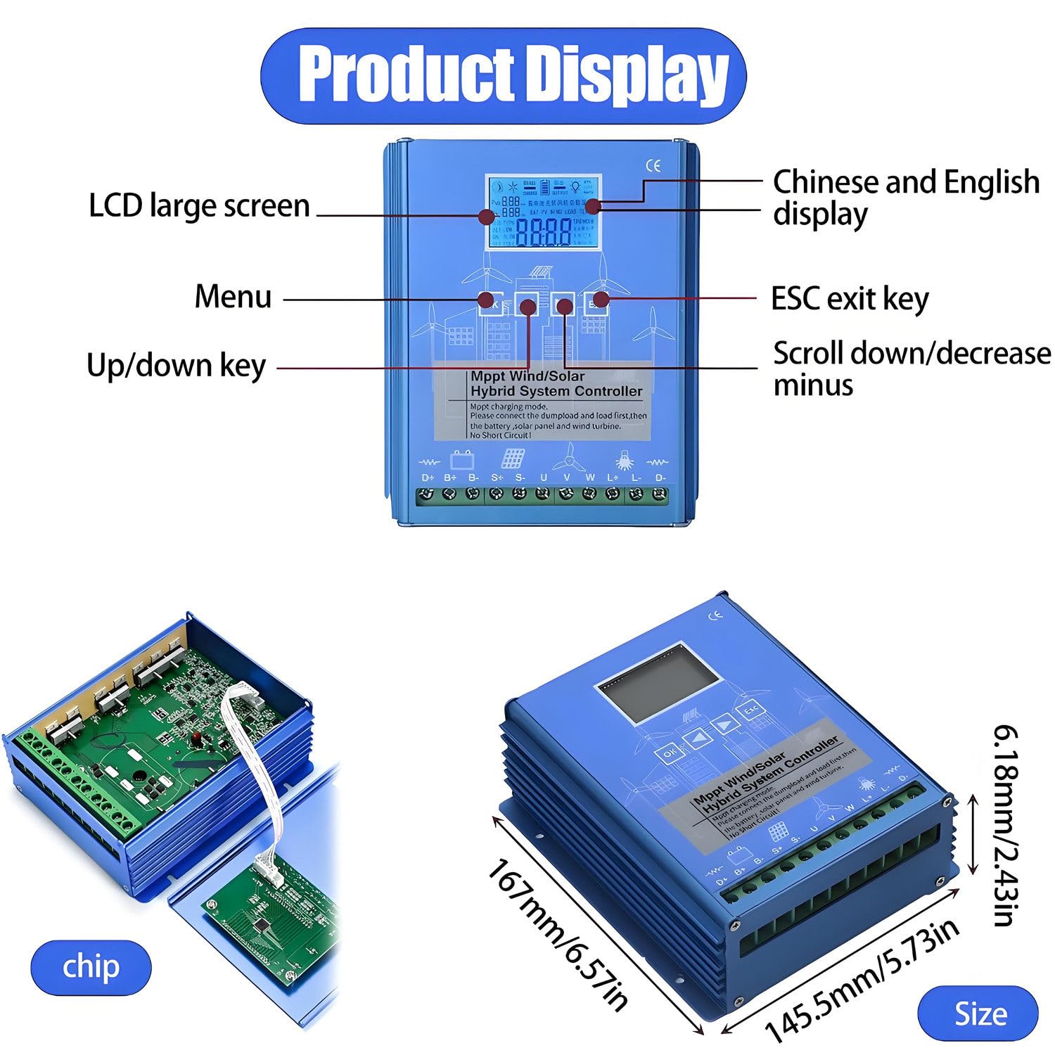 Hybrydowy regulator ładowania wiatrowo-słonecznego, automatyczny regulator przełączający 15000 W 12 V/24 V/48 V, kontroler ładowania LCD, do domu, łodzi i oświetlenia ulicznego 24V