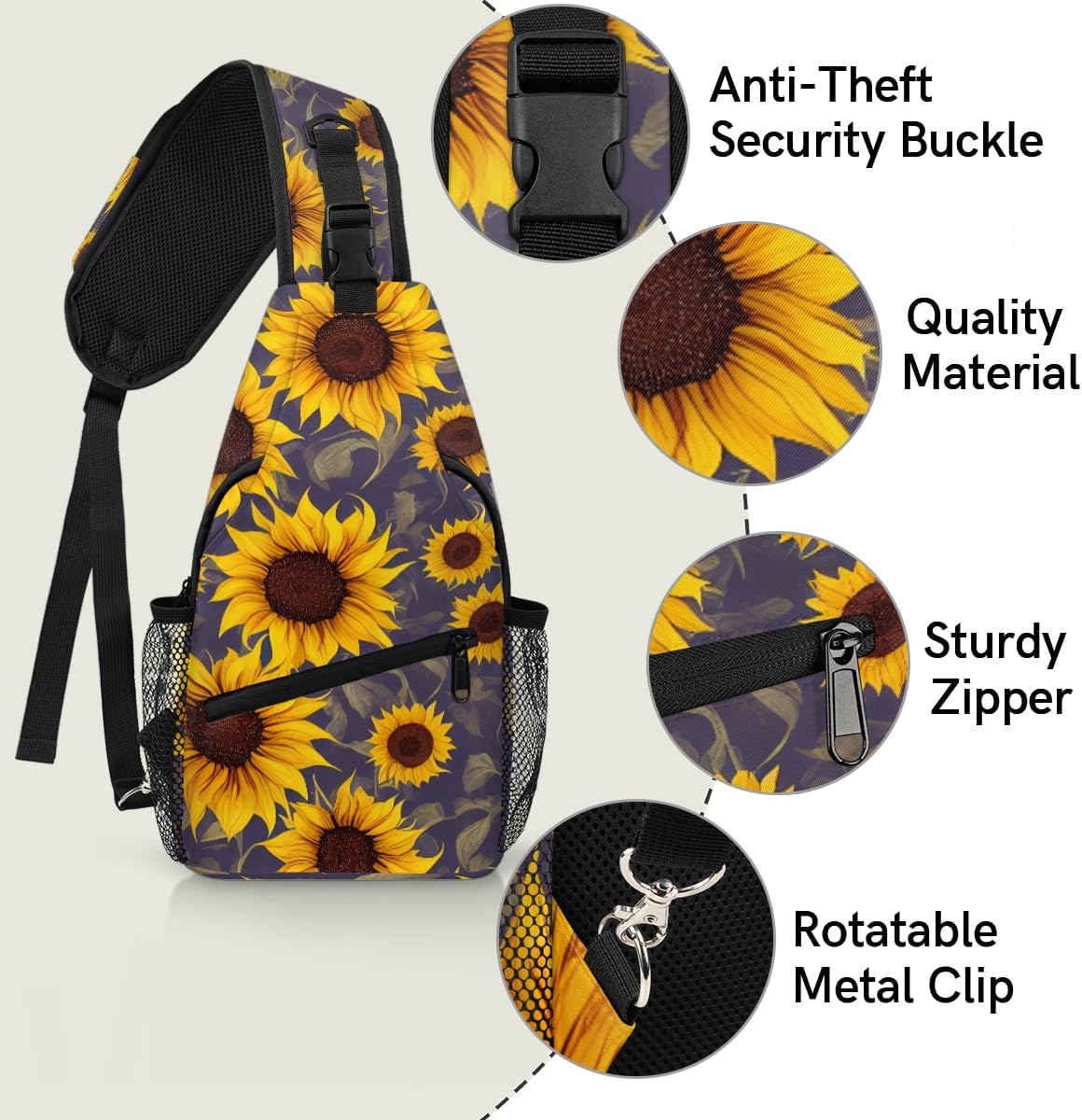 Sunflower Seamless Pattern Sling Backpack for Women Men Waterproof Antitheft Chest Bag Lightweight Travel Crossbody Shoulder Bag for Shopping Outdoor Leisure Sports Mountaineering Riding - Image 4