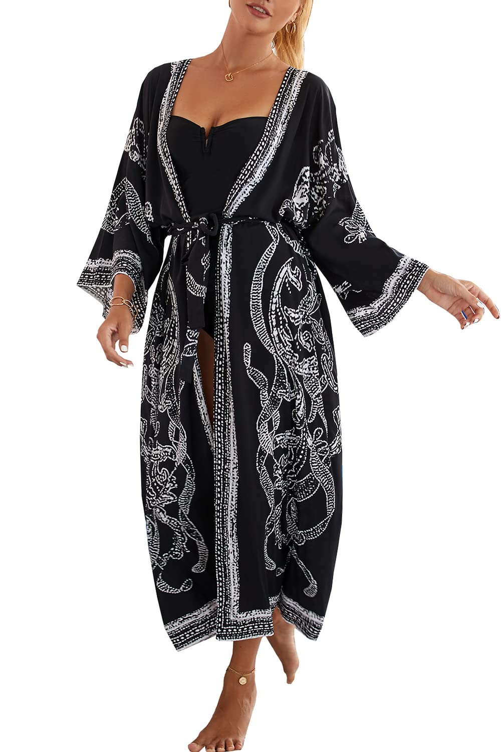 LikeJumpWomen Dressing Night Gown Print Kimono Robes Cardigan Beach Bikini Cover-Ups