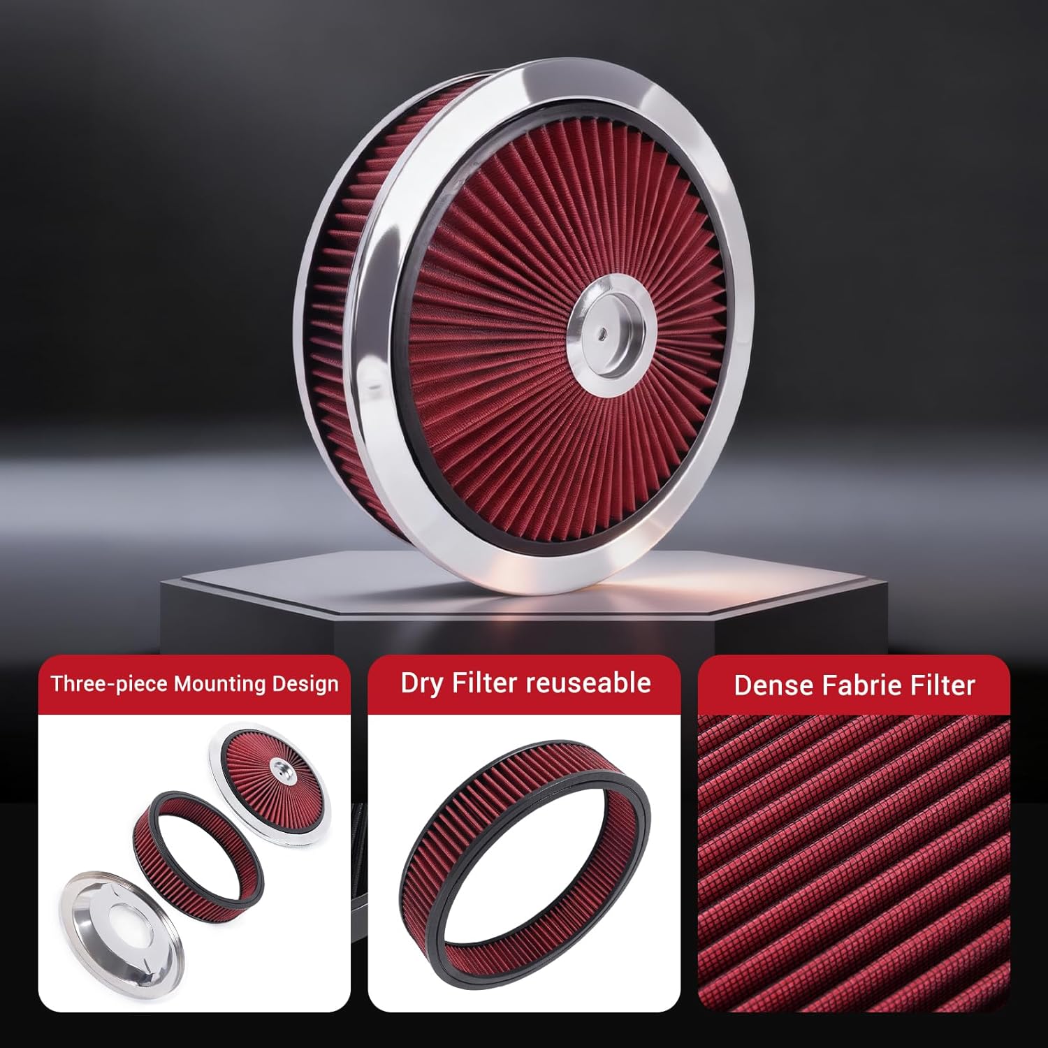 14" X 3" Round Air Cleaner Filter Assembly Kit With High- Flow Thru Lid Washable & Reusable for Caburetor Lid 5-1/8" Carb Neck Compatible with Ford/GMC/Chevy SBC BBC (RED)