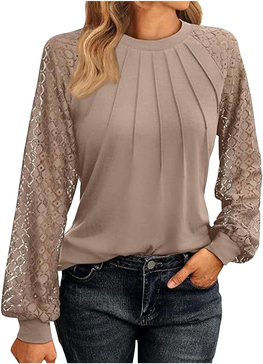 Women's Eyelet Lace Long Sleeve Shirts Fashion Pleated Front Crew Neck Puff Sleeve Tunic Tops Dressy Casual Blouses