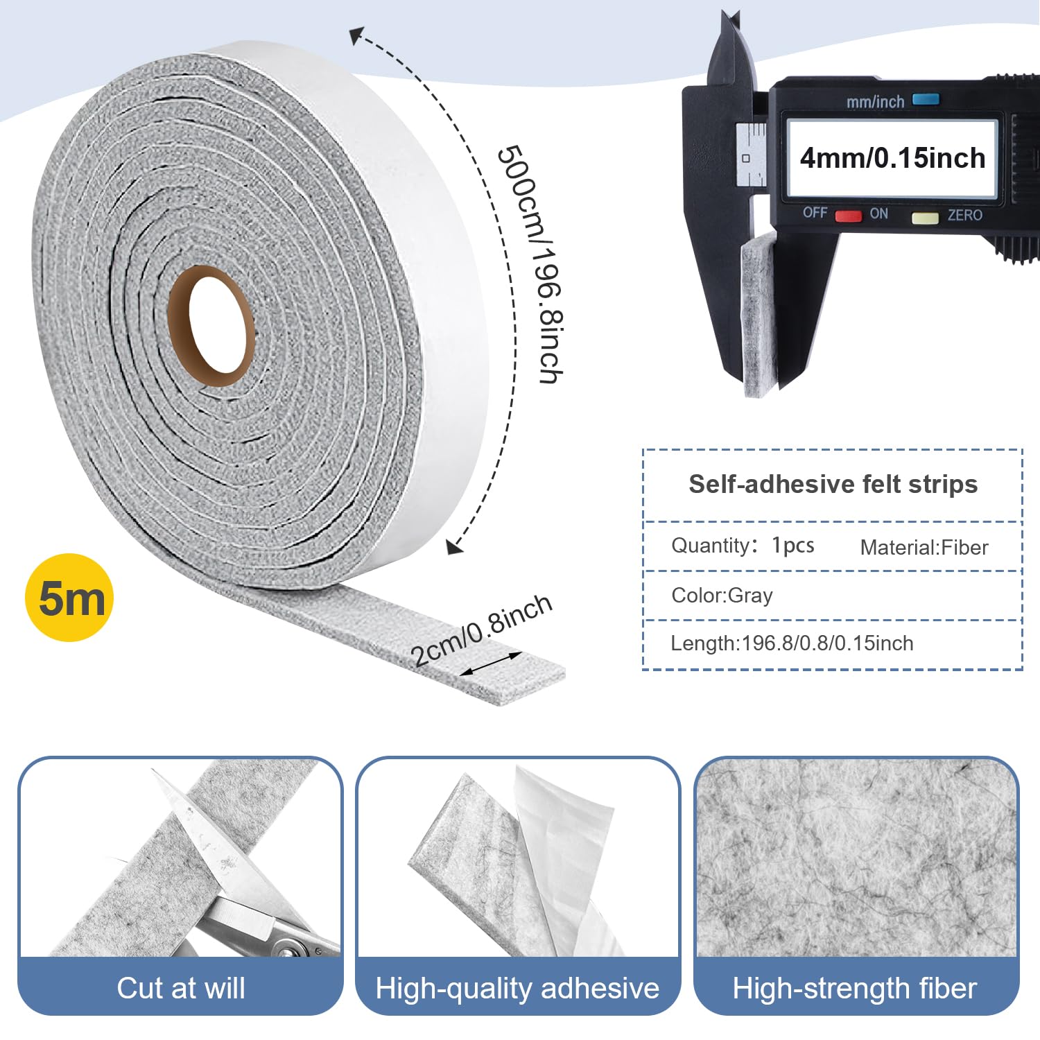 Meubelvilt, 5 Rollen Zelfklevend Vilt  100 * 2 Cm  Gratis Op Maat T Snijden Antislip Vilt Pad Voor Sofa Stoel Tafel Beenbescherming Grijs