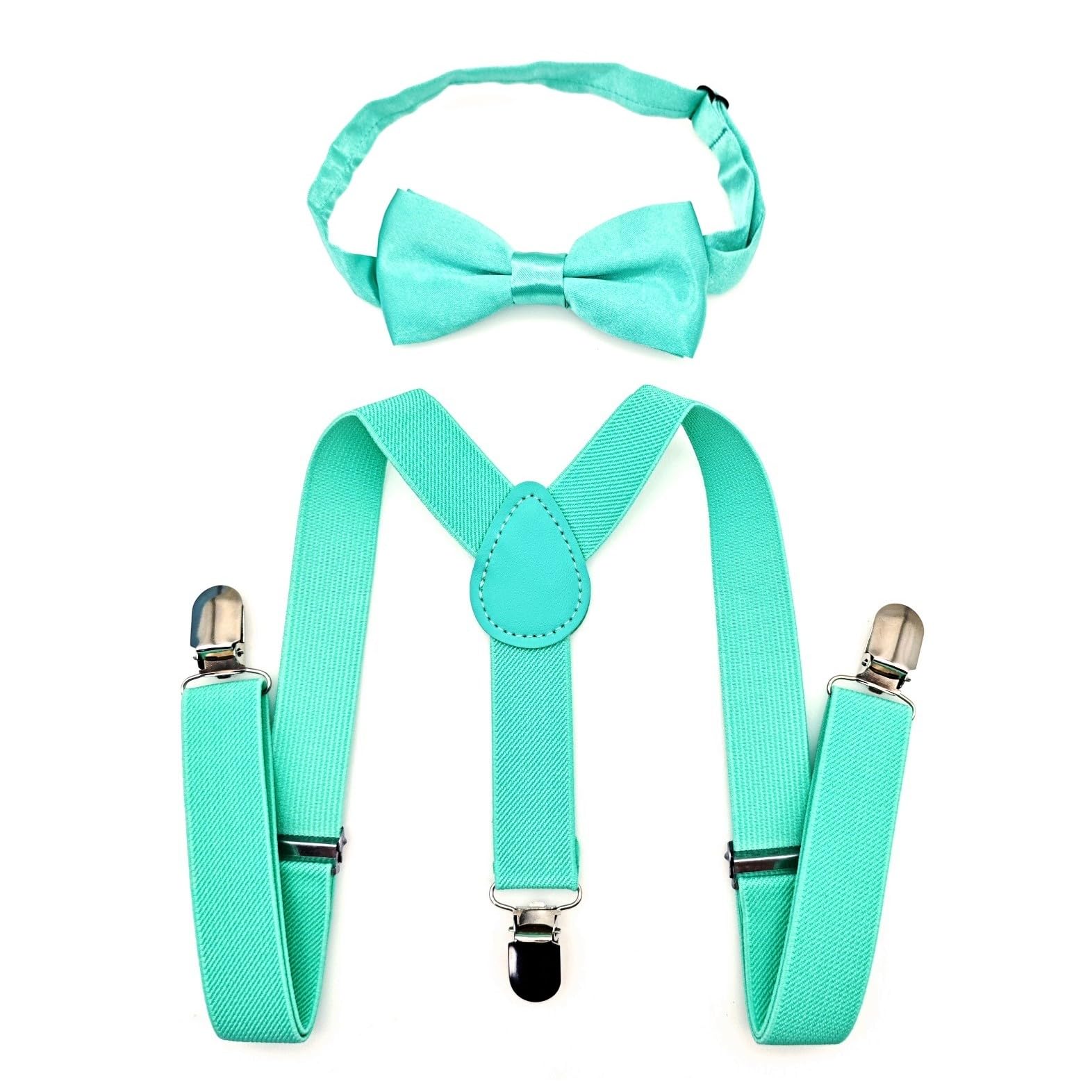 JZK Conjunto pajarita y tirantes verde azulado brillante para niños menos 135 cm, ajustable con clip forma Y tirantes con pajarita para infantil pequeños, para bodas, fiestas