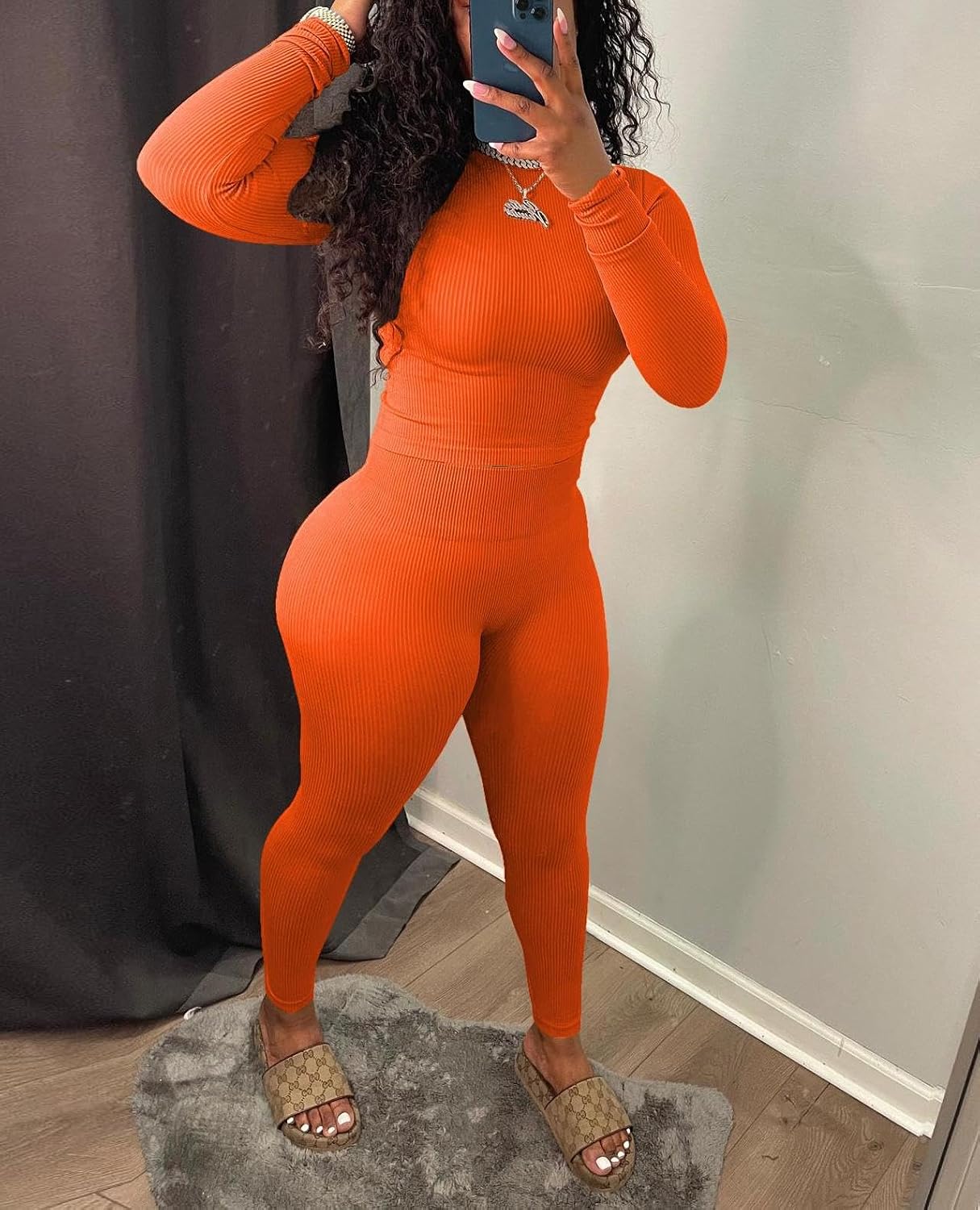 HBQ Women Two Piece Outfits Workout Sets Ribbed Casual Jogging Suits Long Sleeve Tracksuits-L-Orange