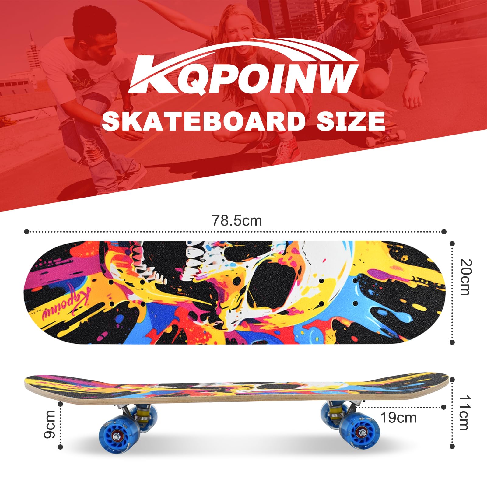 Skateboard standard avec roues clignotantes colorées pour débutants, enfants, adolescents, 7 couches en érable pour filles et garçons, 78,7 x 19,8 cm, double kick concave pour enfants avec
