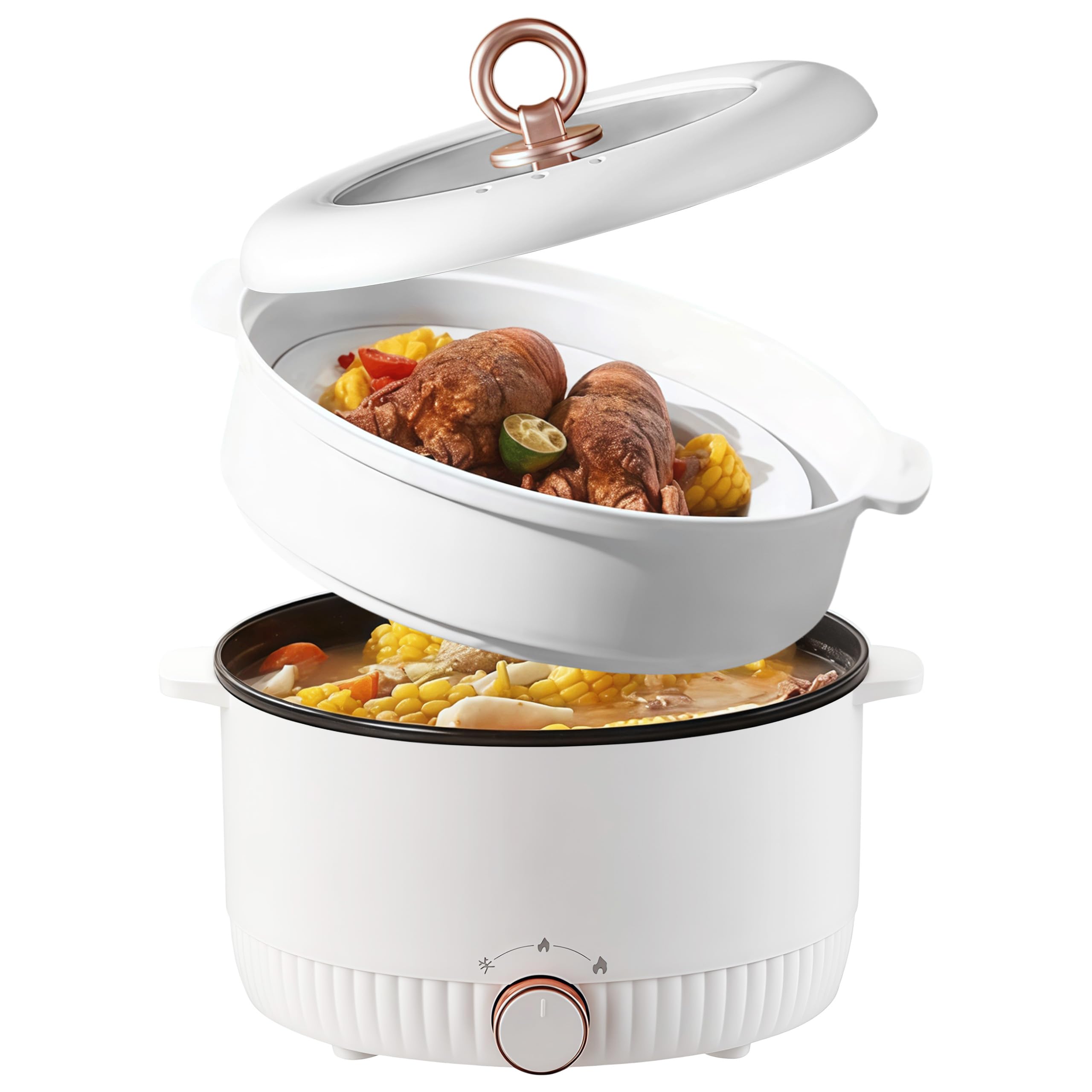Elektrischer Hot Pot mit Dampfeinsatz, 5L Elektrische Hot Pot, 1350W Hotpot Topf, Tragbare Antihaft Multikocher für Braten Ramen Fondue Suppe, Elektropfanne für Zuhause, Büro, Schlafsaal