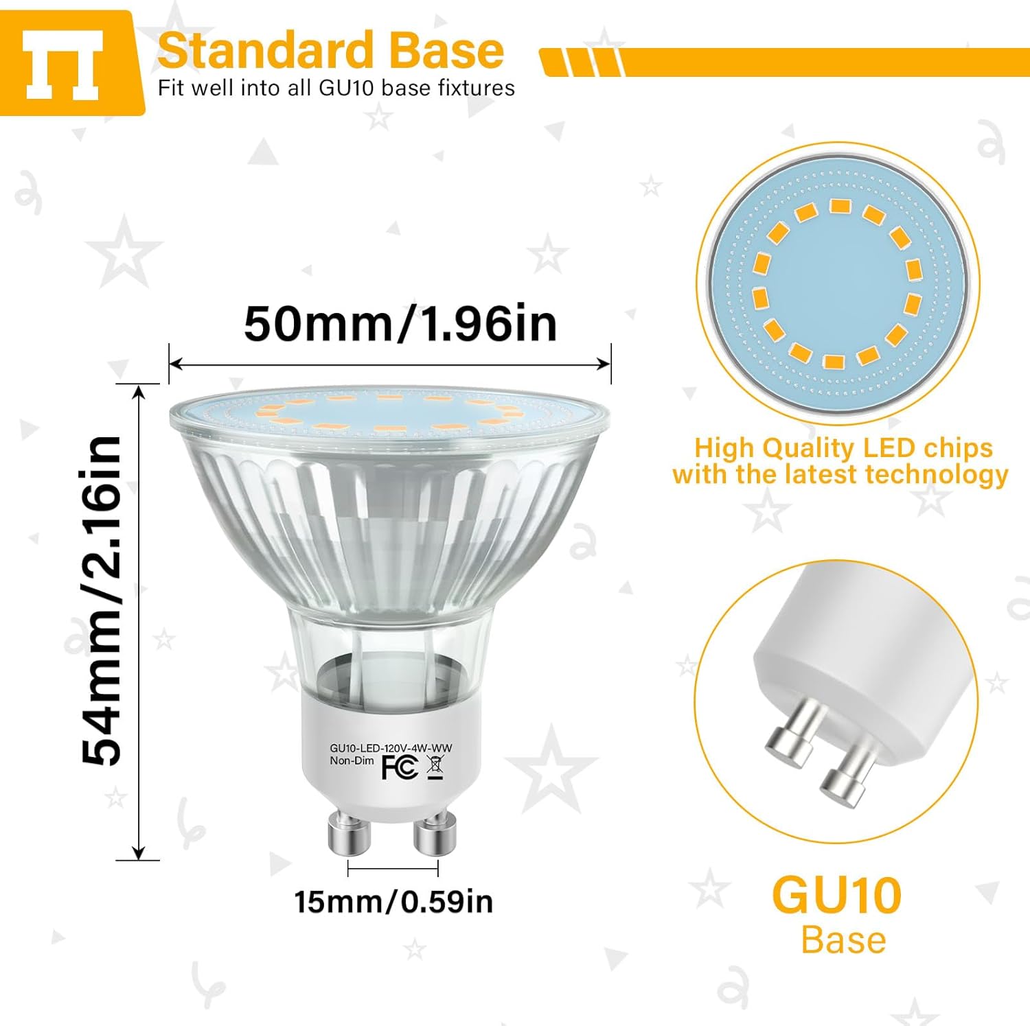GU10 LED Bulb, 50 Watt Halogen Equivalent, 2700K Soft White GU10 Bulb for Track, Recessed Lighting, 4W 450 Lumens MR16 LED Bulb for Kitchen, Range Hood, Living Room, Bedroom, 6 Pack