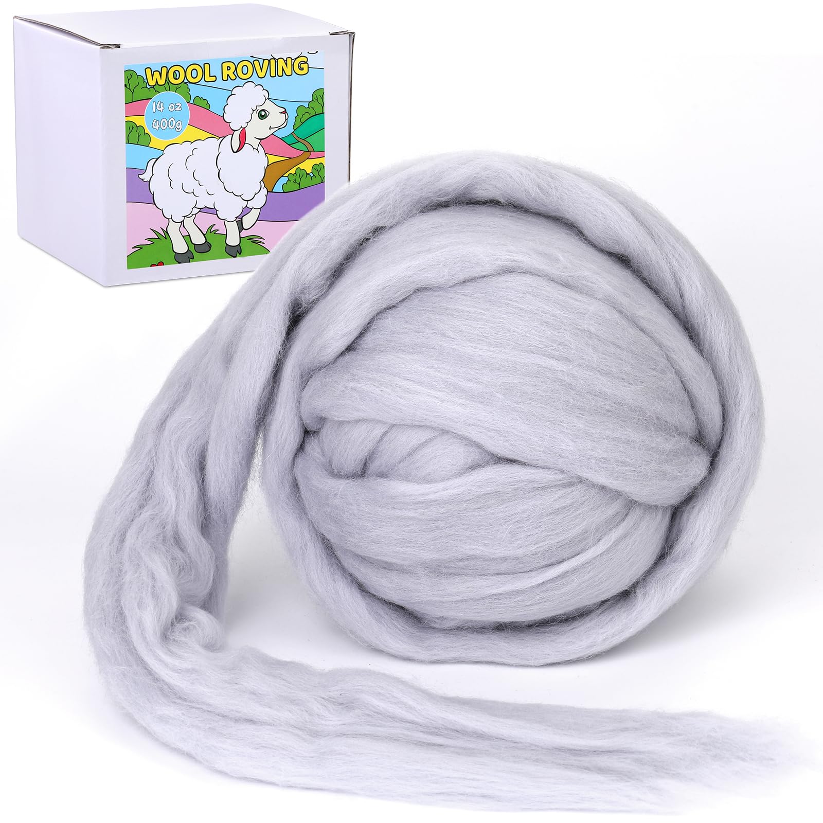 QMNNMA Wool Roving Bulk, 14.1oz Needle Felting Wool, Wool Felting-Gray
