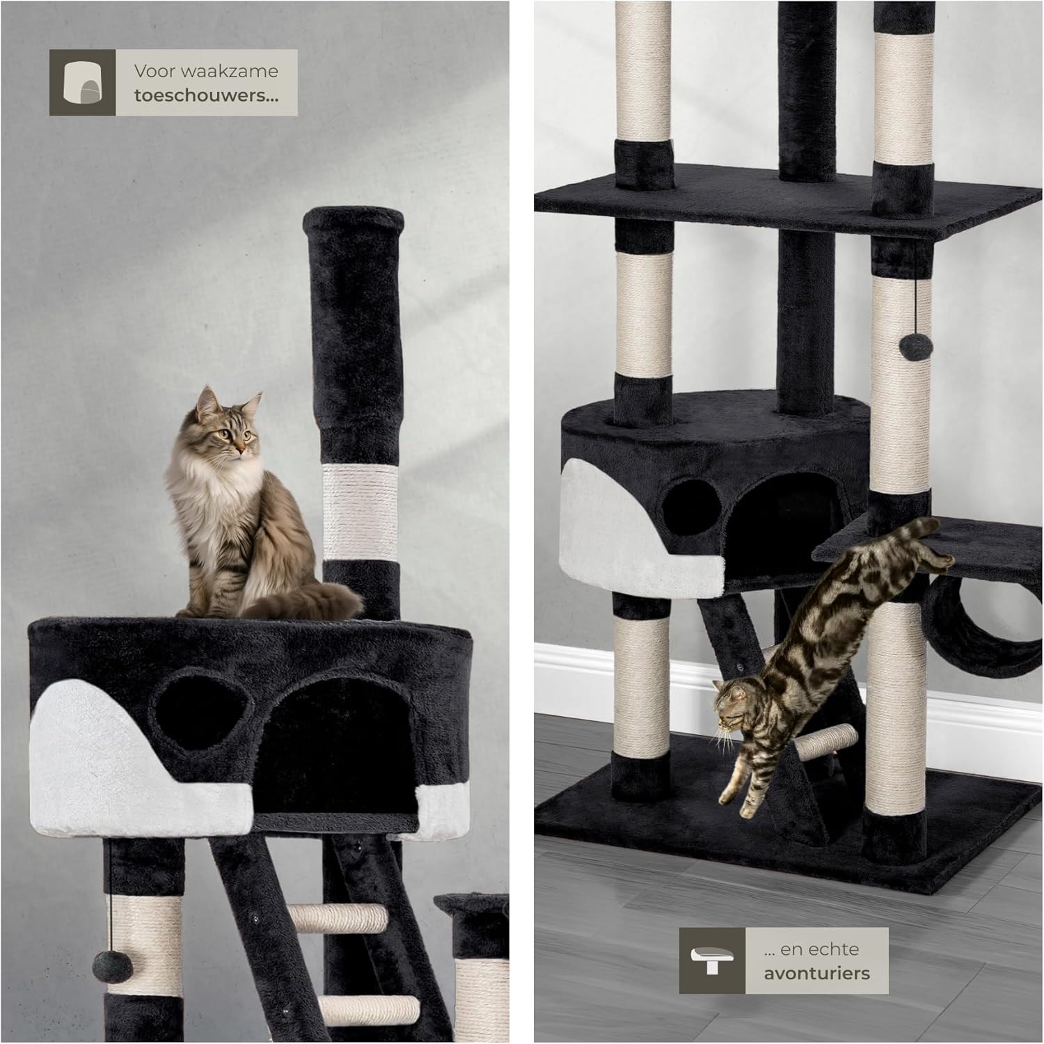 A cat perched on the top platform observing its surroundings, and another cat actively jumping between levels.