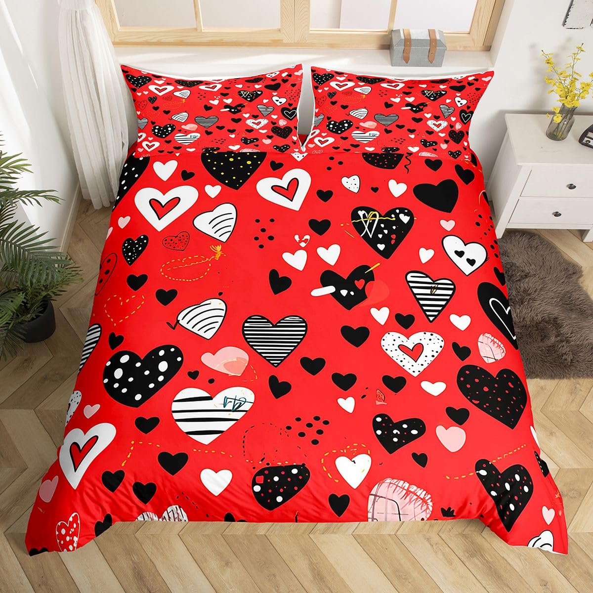 Homewish Miłość serce king size zestawy poszewek na kołdrę czerwona pościel w kształcie serca dla dzieci nastolatków romantyczna walentynkowa poszewka na kołdrę geometryczne paski zestaw pościeli