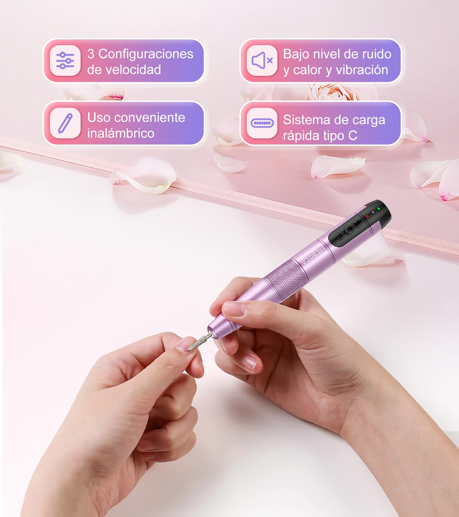 HEBECA Torno para Uñas Profesional - Lima Electrica Uñas 20000RPM - Nail Drill Machine para Uñas de Gel Acrílico Natural Recargable