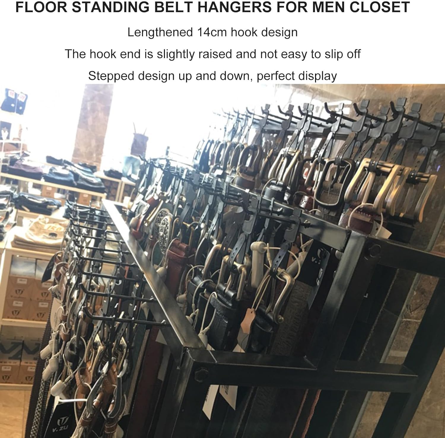 Gürtelständer für Herren, Krawattenhalter, Gürtelaufhänger für Bekleidungsgeschäfte, Schmuckständer mit Haken, Organizer für Handtaschen, Schals und Regenschirme, Weiß, 120 x 40 x 150 cm