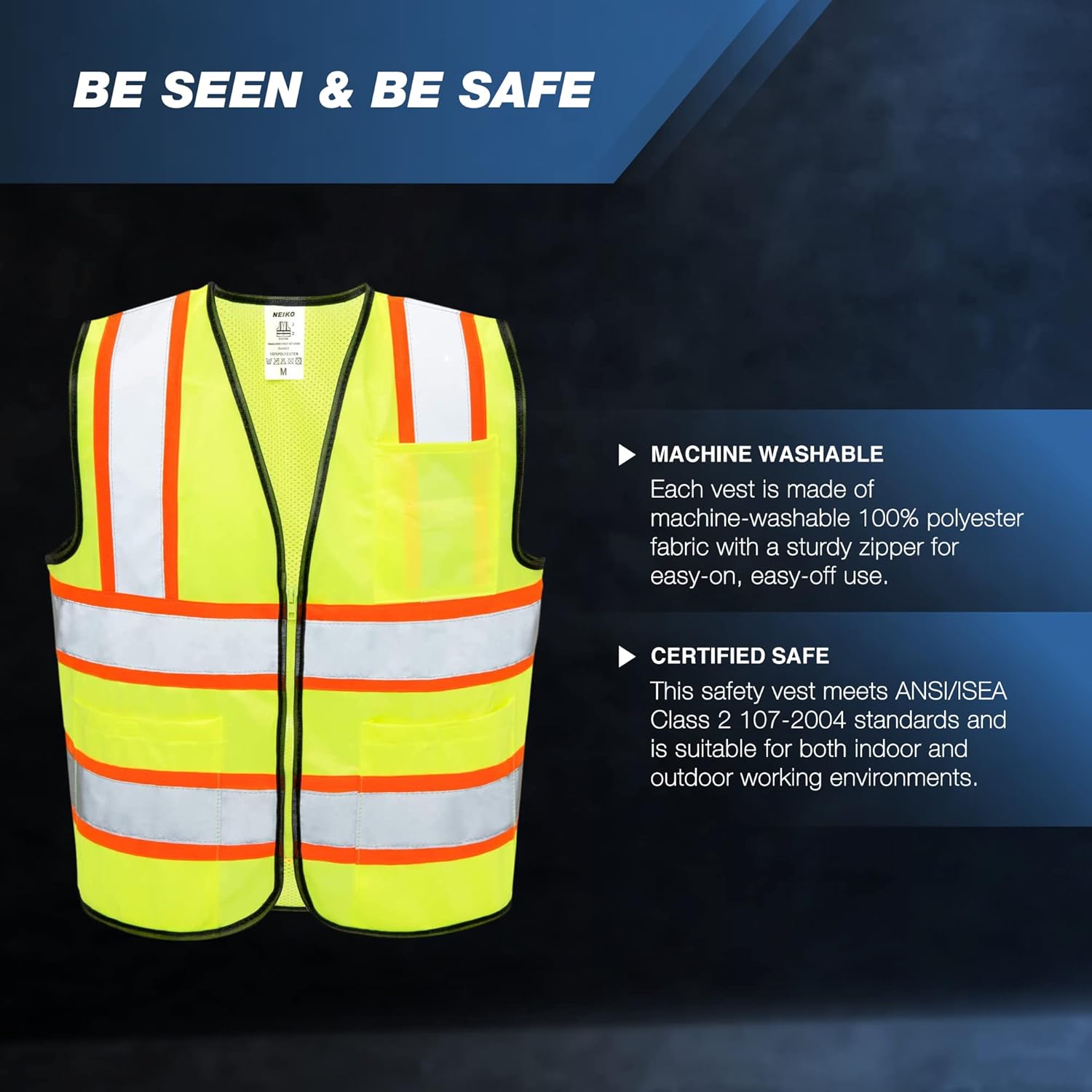 Neiko 53989A High Visibility Safety Vest with 3 Pockets and Zipper, Neon Yellow | Size M - - 
