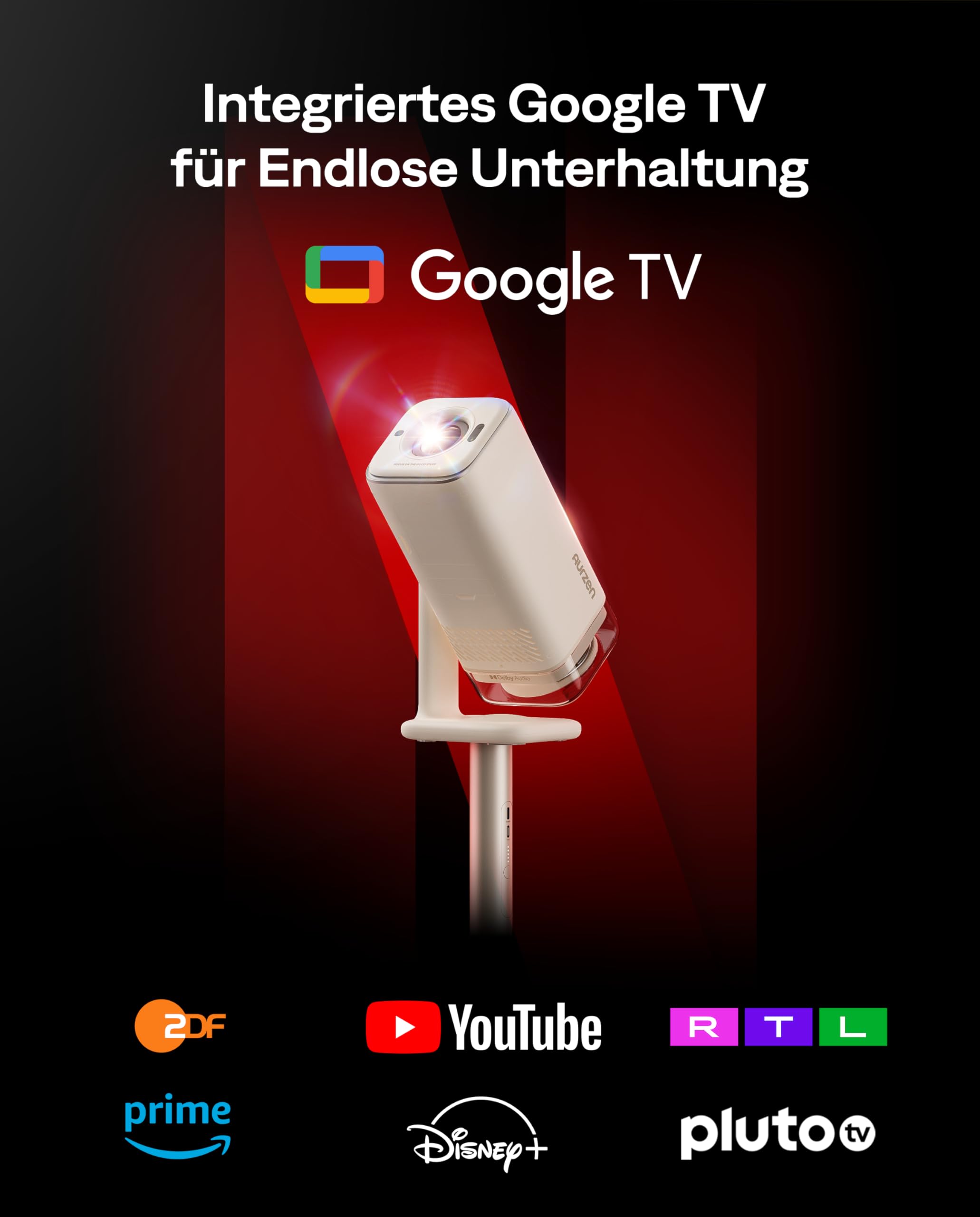 Aurzen Boom Air Mini Beamer mit Google TV & Netflix, 4K, USB-C, Dolby Audio, WiFi, Bluetooth, TOF Autofokus, Drehbarer Ständer, Cremeweiß