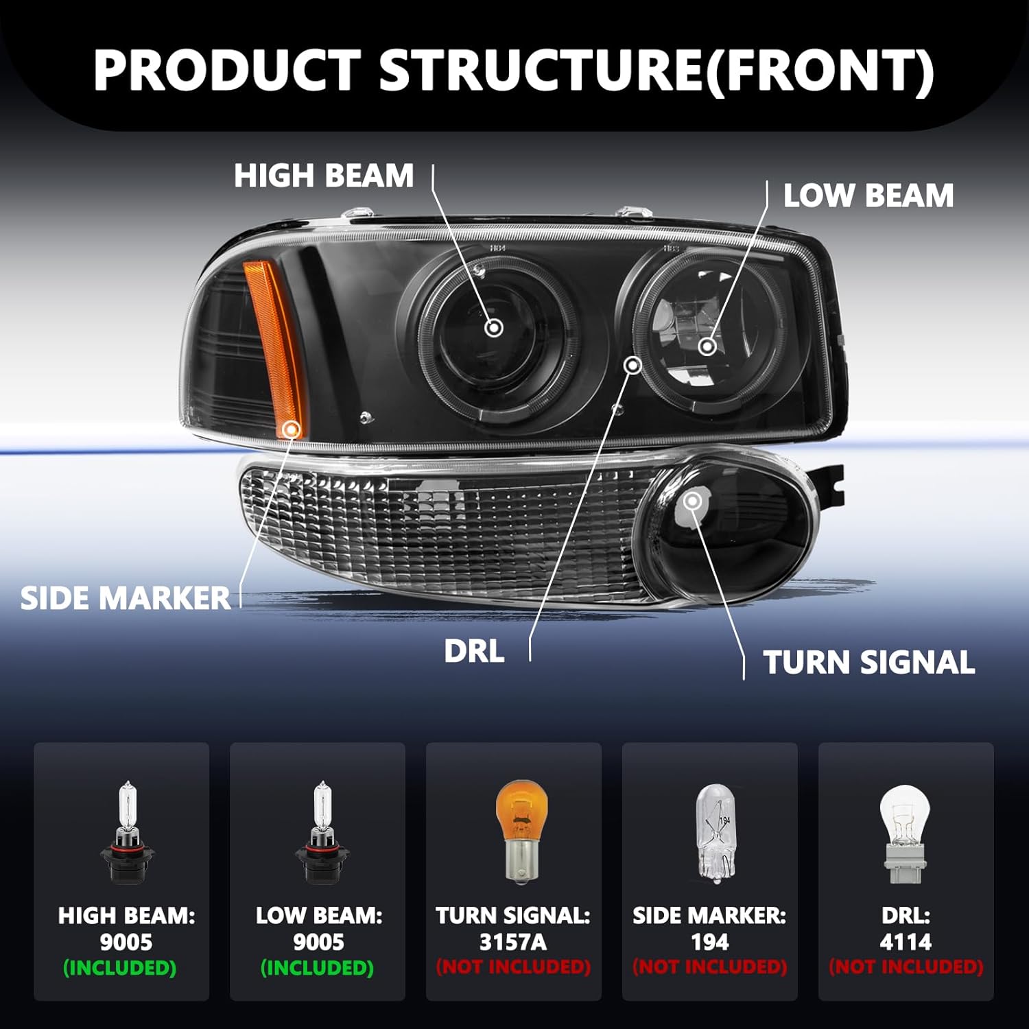 Aosky 4PCS Headlight Assembly Fits for 2001-2006 GMC Yukon/Yukon XL Denali Model Projector LED Halo Halogen Type Factory OE Style Replacement w/Bupmer Lights Pair Set Black & Amber Bulbs INLUDED