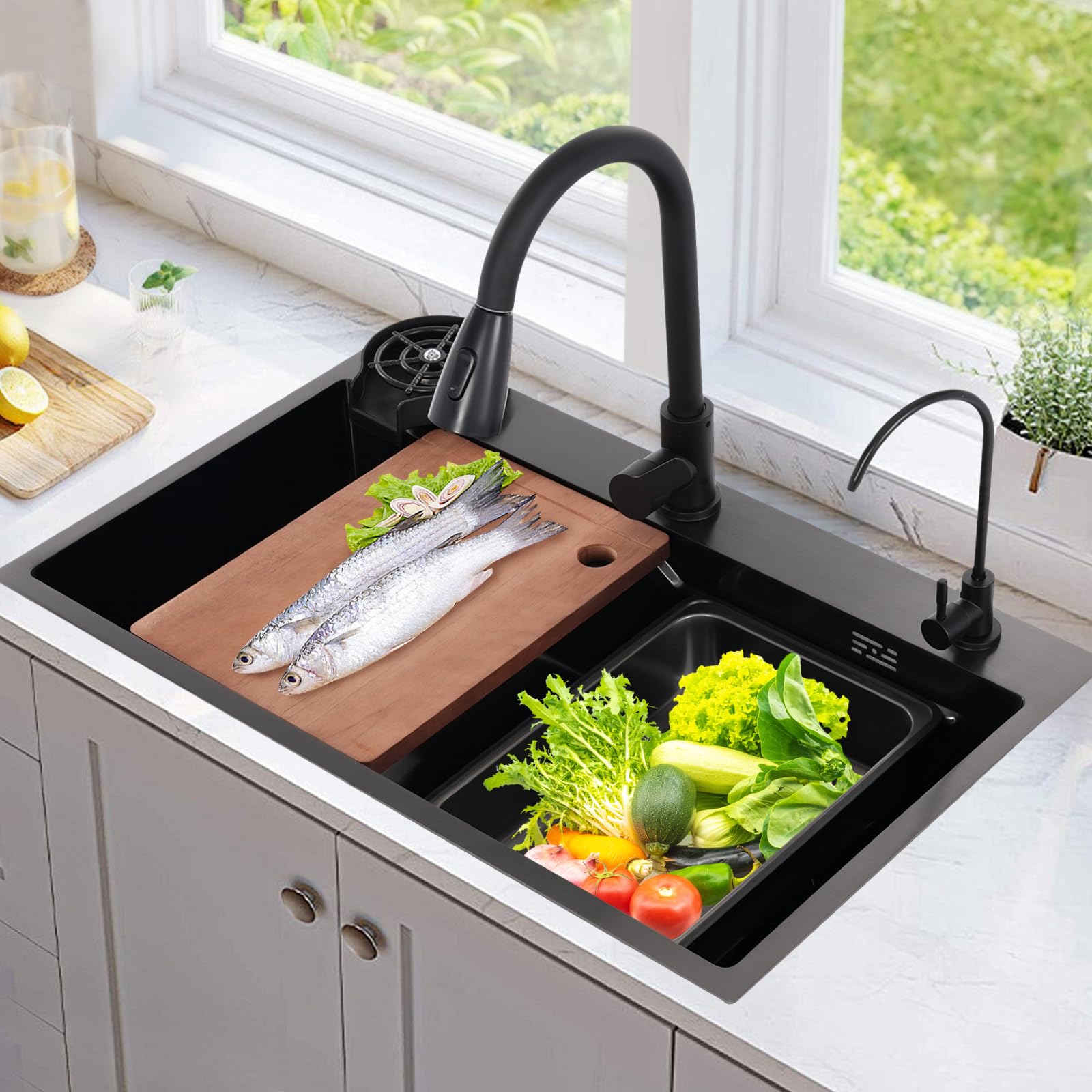 MINRS Évier de cuisine noir avec robinet, 75 x 45 cm, encastrable avec lave-vaisselle à tasses, planche à découper et égouttoir, 1 bac avec trois modes de sortie d'eau