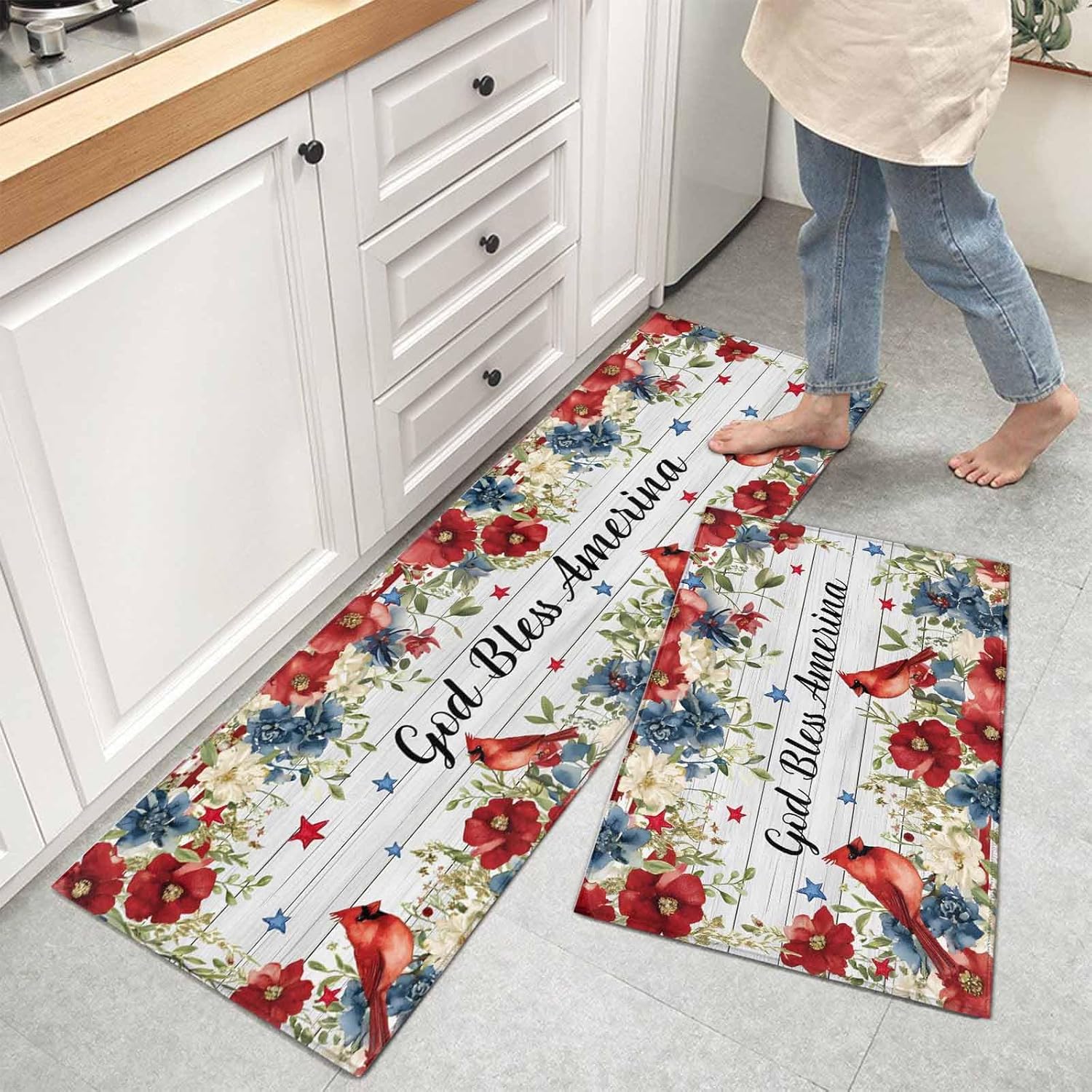 Teamery Kitchen Mats for Floor God Bless America Anniversary Washable Non Slip Kitchen Rugs 2PCS, Red Blue Flowers Absorbent Standing Mats for Sink Bathroom Office Living Room 15.7x23.6in+15.7x47.2in
