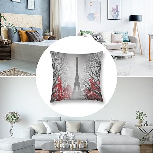 Miniatura 5 de Juego de 1 fundas de cojín de felpa para sofá, Torre Eiffel París, hoja roja y blanca, 26 x 26 pulgadas