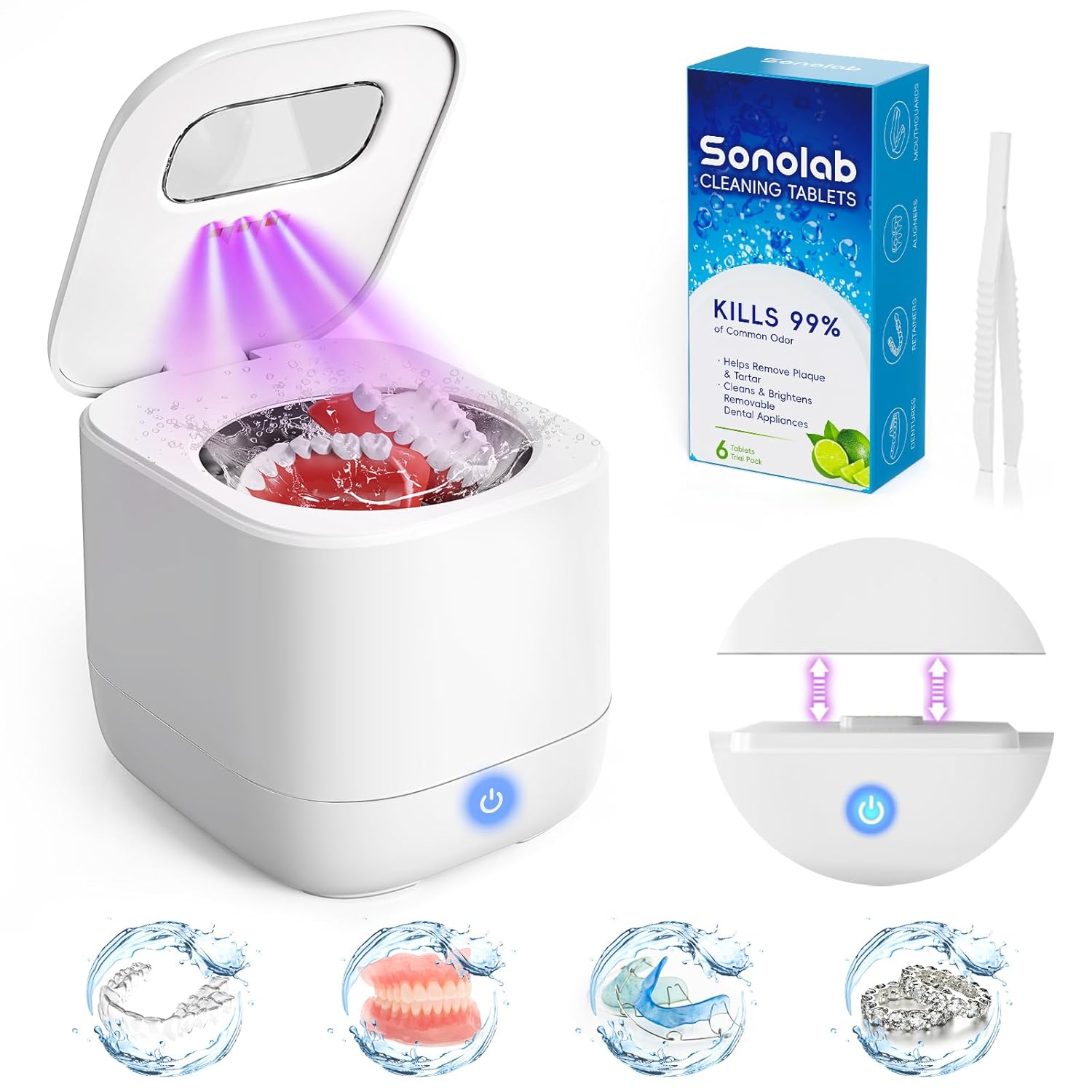 Sonolab Ultrasonic Retainer Cleaner Machine with Removable Tank and Cleaning Tablets, 45kHz Sonic Dental Cleaning Pod, 240ml Large Capacity Ultrasonic UV Cleaner for Dentures, Aligners, Mouth Guards