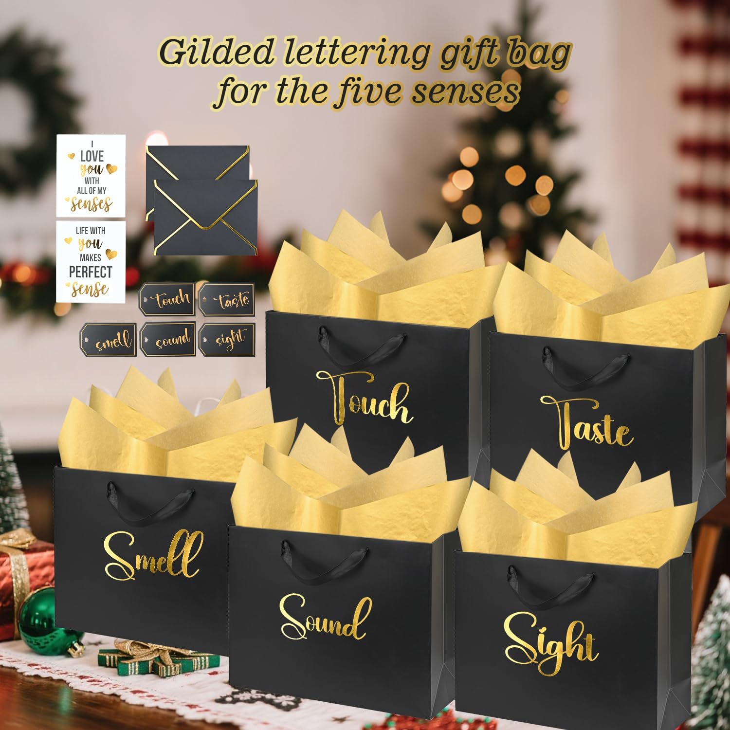 Nimbbex 13'' Large 5 Senses Gift Bags for Him Her with Labels Envelopes and Cards, Gold Foil Five Senses Gift Bags with Tissue Handle for Birthday, Anniversary, Mother's Day, Valentine's Day (Black)