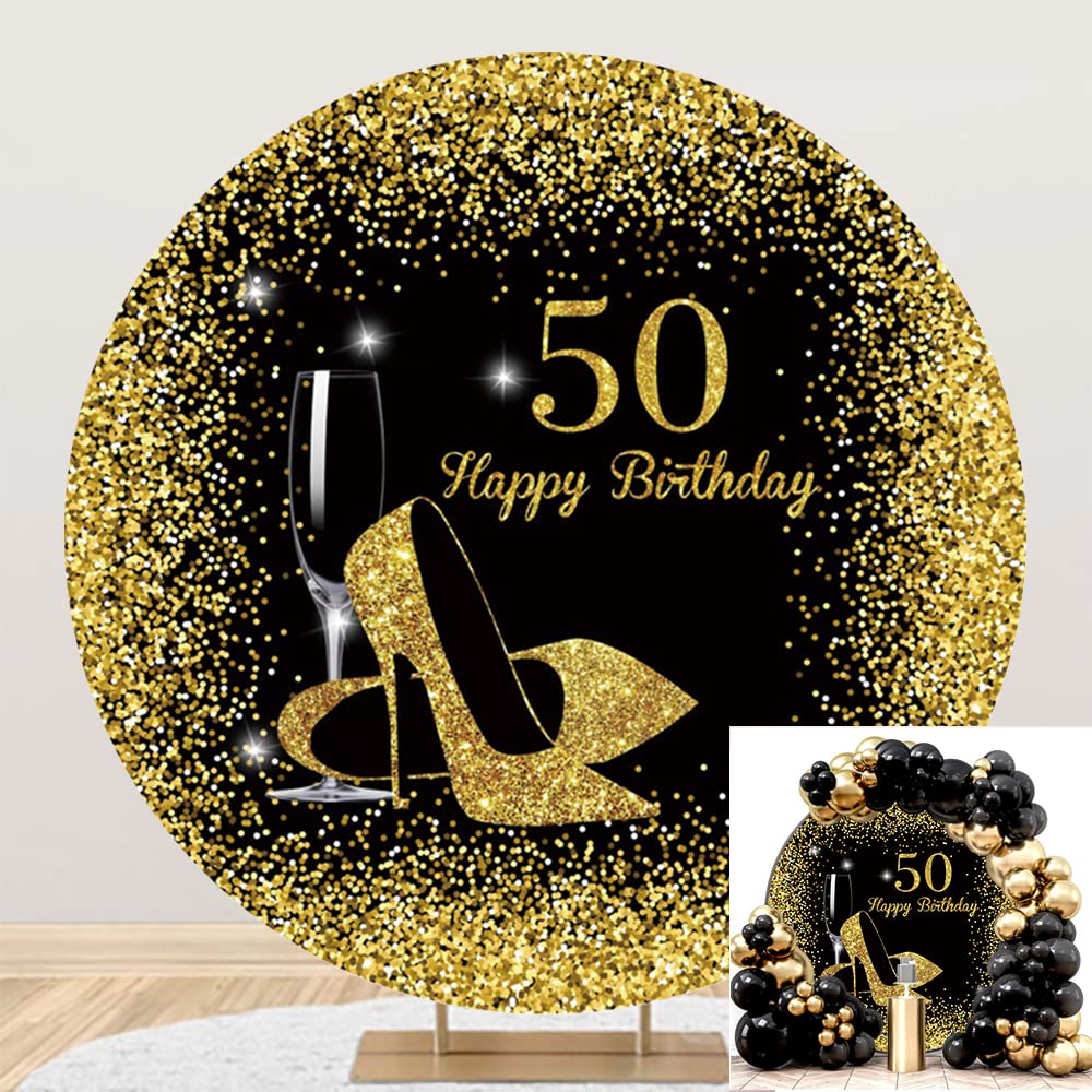 Toile de fond ronde « Happy 50th Birthday » pour femme - 2 x 2 m - Noir et doré - Paillettes - Champagne - Pour photographie - Décoration de fête d'anniversaire - Accessoires de studio photo