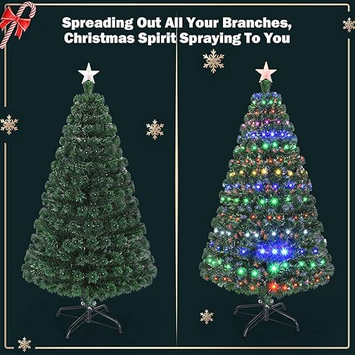 Miniatura 5 de Goplus Árbol de Navidad de fibra óptica preiluminado de 5 pies, árbol de Navidad artificial flocado de nieve blanca con 170 puntas de rama, 170