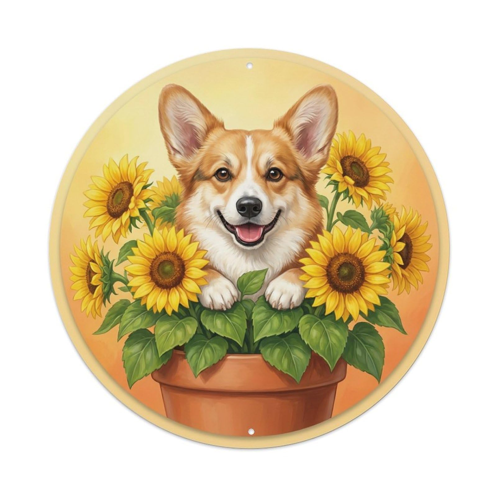 Metal Tin Sign Welcome Corgi Sunflower Field