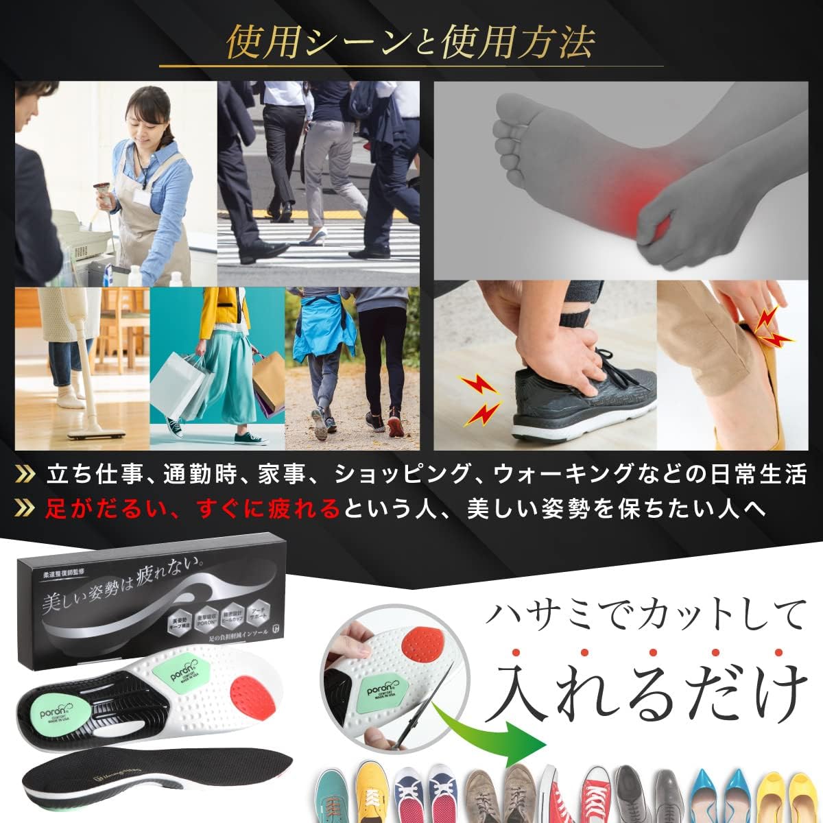 【柔道整復師 監修】足の負担軽減インソール 中敷き インソール 美姿勢キープ アーチサポート 衝撃吸収 ヒールカップ UnsungHERO ウレタンフォーム (M：24.5〜26cm) ブラック,ホワイト