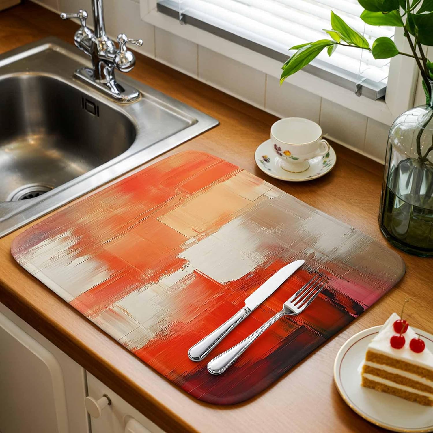 Orange Gradient Watercolor Oil Painting Style Dish Drying Mats for Kitchen Counter,Absorbent Microfiber Dish Drainer Rack Mat Abstract Modern Art Drying Pad for Sinks,Utensils,Countertops,18x24in