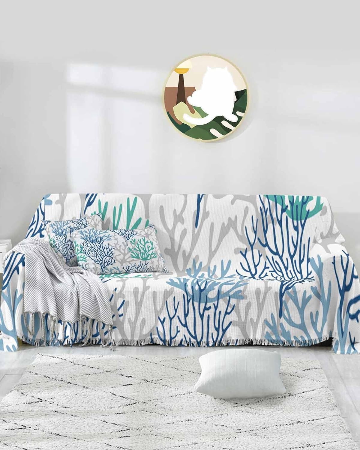 DecorLovee Couch Cover Furniture Protector, Blue Teal Grey Coral Coastal Sectional Sofa Covers for 3 Cushion Couch, Summer Beach Nautical Ocean Washable Sofa Slipcovers for Pets/Kids, L, 71"x118"