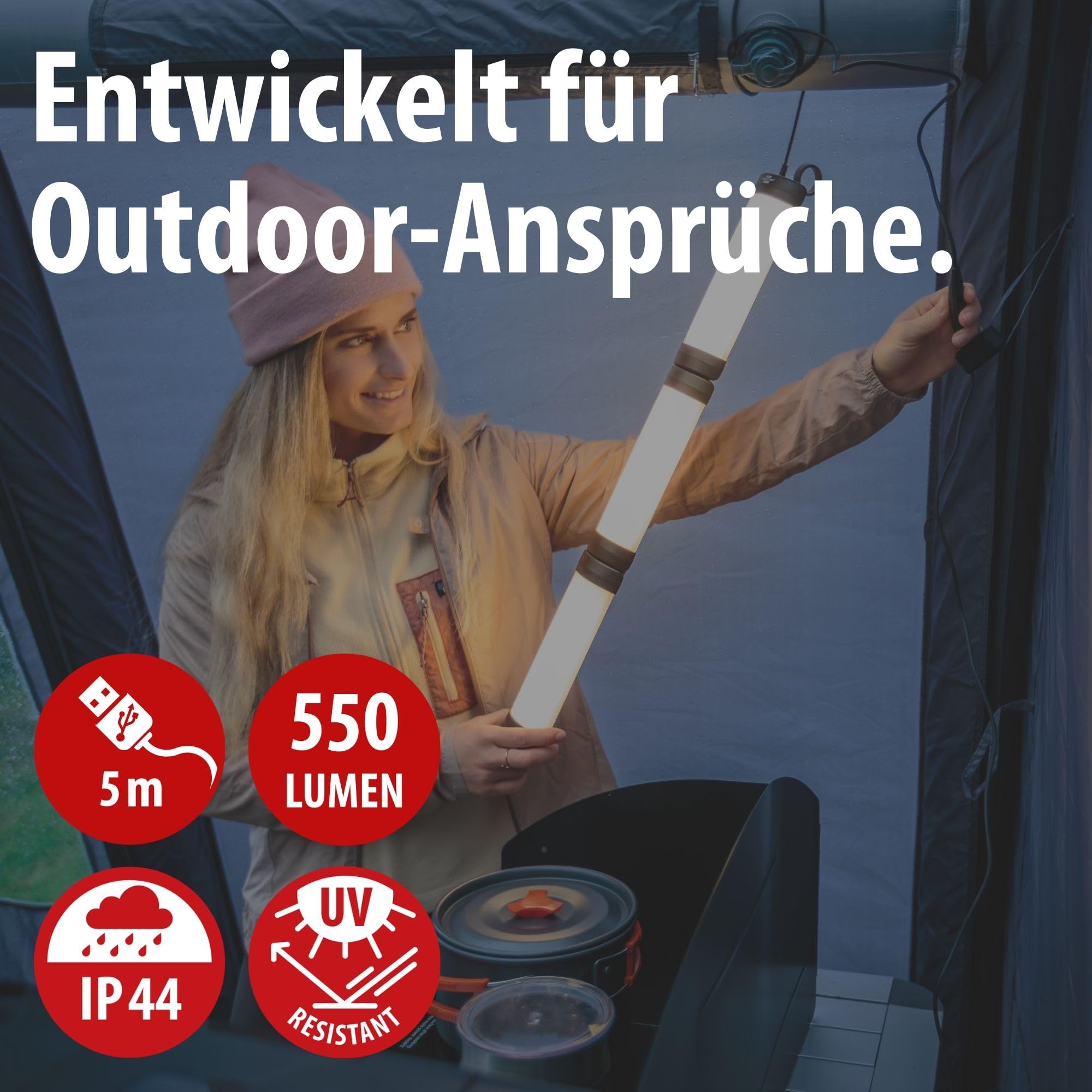 Brennenstuhl LED Vorzeltleuchte VL 500 (Hänge- und Stehlampe, 550lm, 5m USB C Kabel mit Schalter, IP54, dimmbar, Campinglampe mit Farbtemperaturstufen 2700K-6500K)