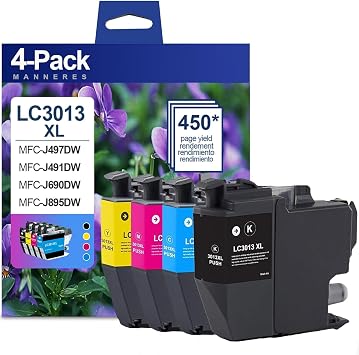 LC3013 Ink Cartridges BK/C/M/Y High Yield 4-Pack Compatible LC3013BK LC3013C LC3013M LC3013Y - Replacement for Brother LC3013 Ink Cartridges Use for MFC-J491DW MFC-J497DW MFC-J690DW MFC-J895DW Printer