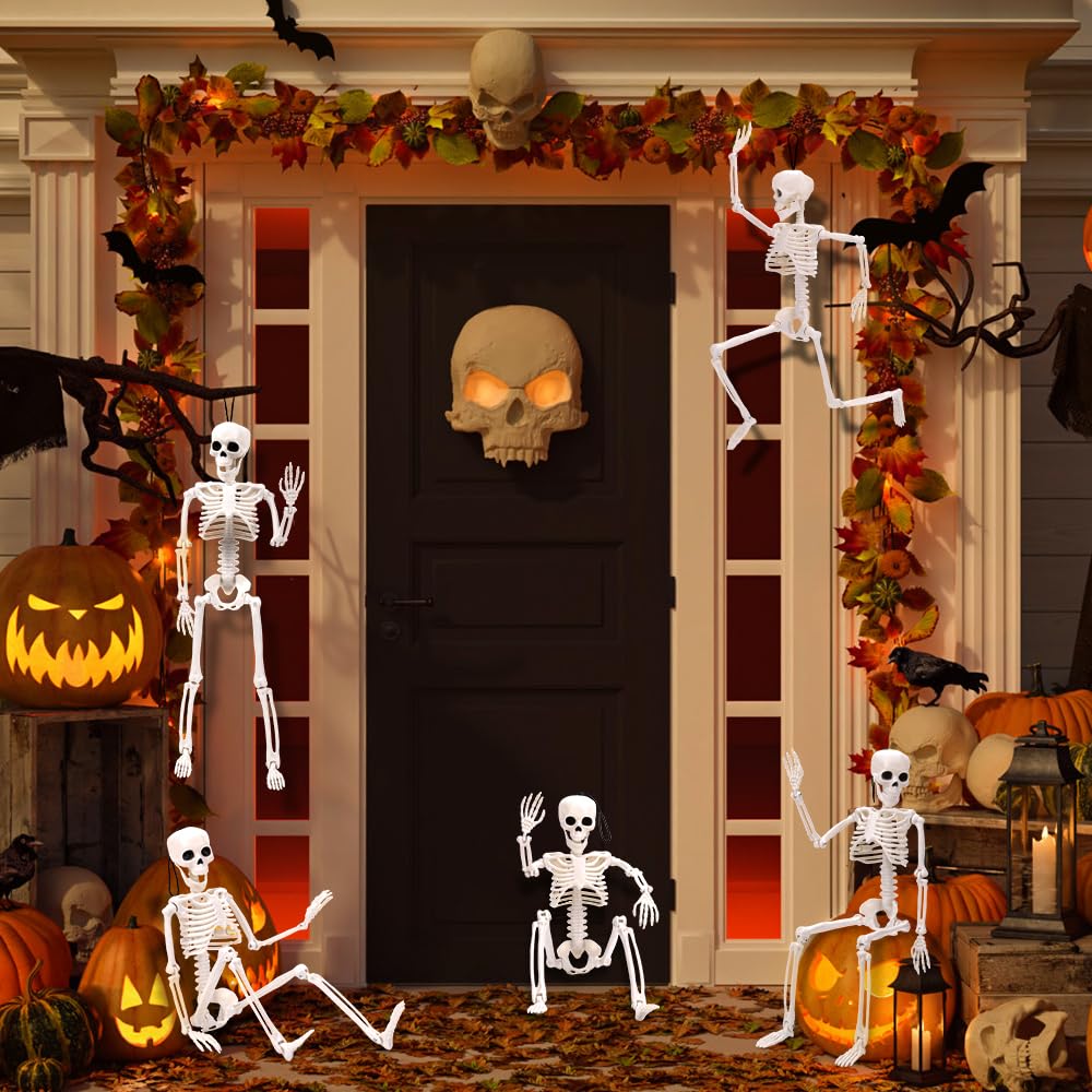 XIMISHOP 5 esqueletos colgantes de Halloween, 16 pulgadas, decoración de esqueleto de Halloween con articulaciones móviles para cementerio de Halloween, decoración de casa encantada, interior y